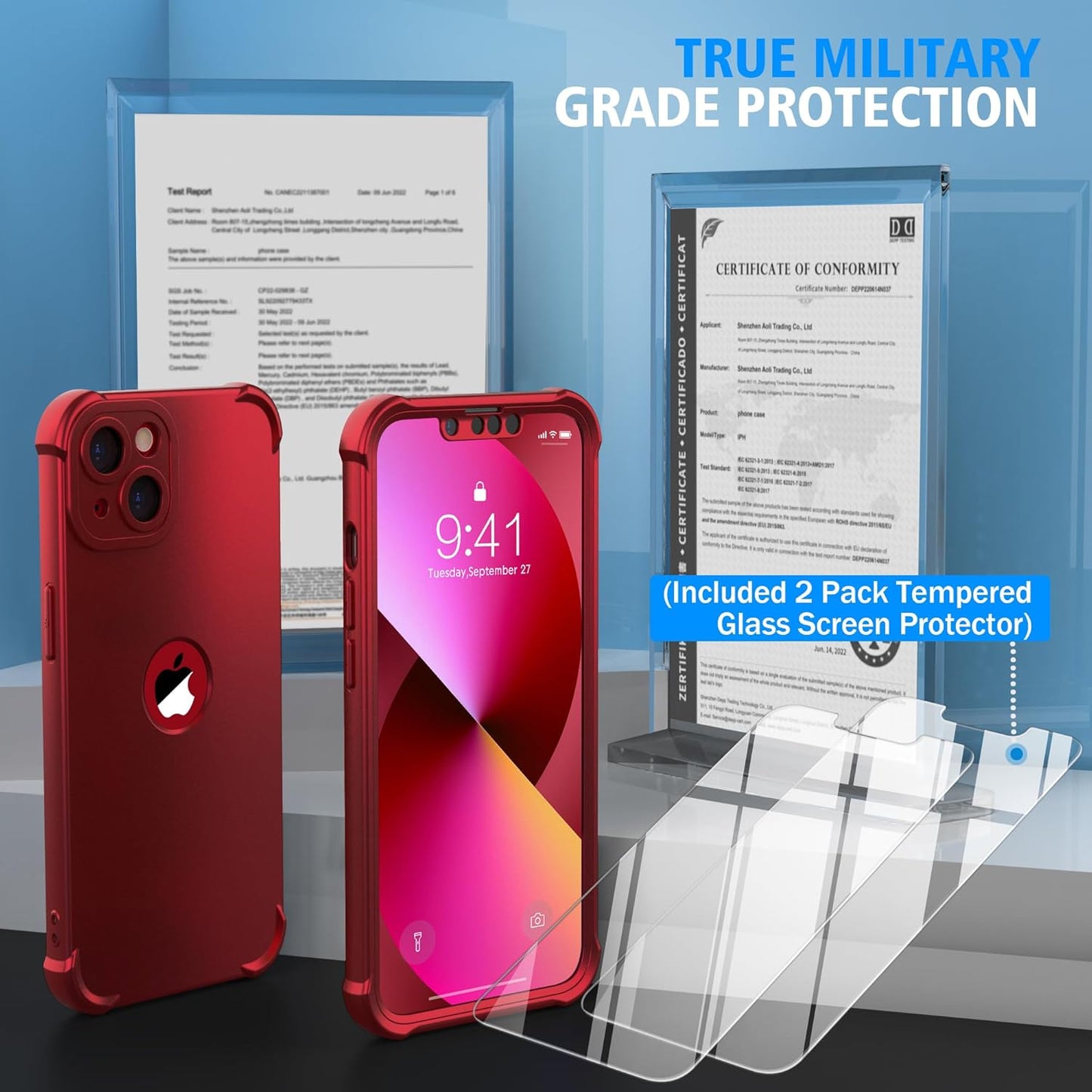 ORETECH Phone Case with Tempered Glass Screen Protector for iPhone 13 Red DEMO