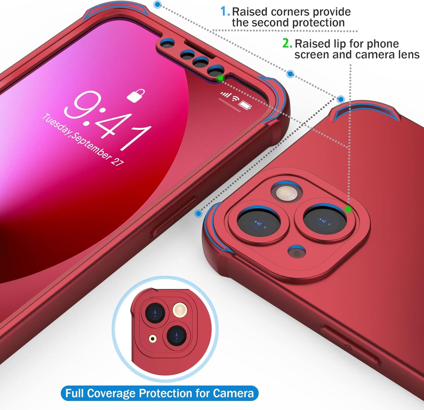 ORETECH Phone Case with Tempered Glass Screen Protector for iPhone 13 Red DEMO