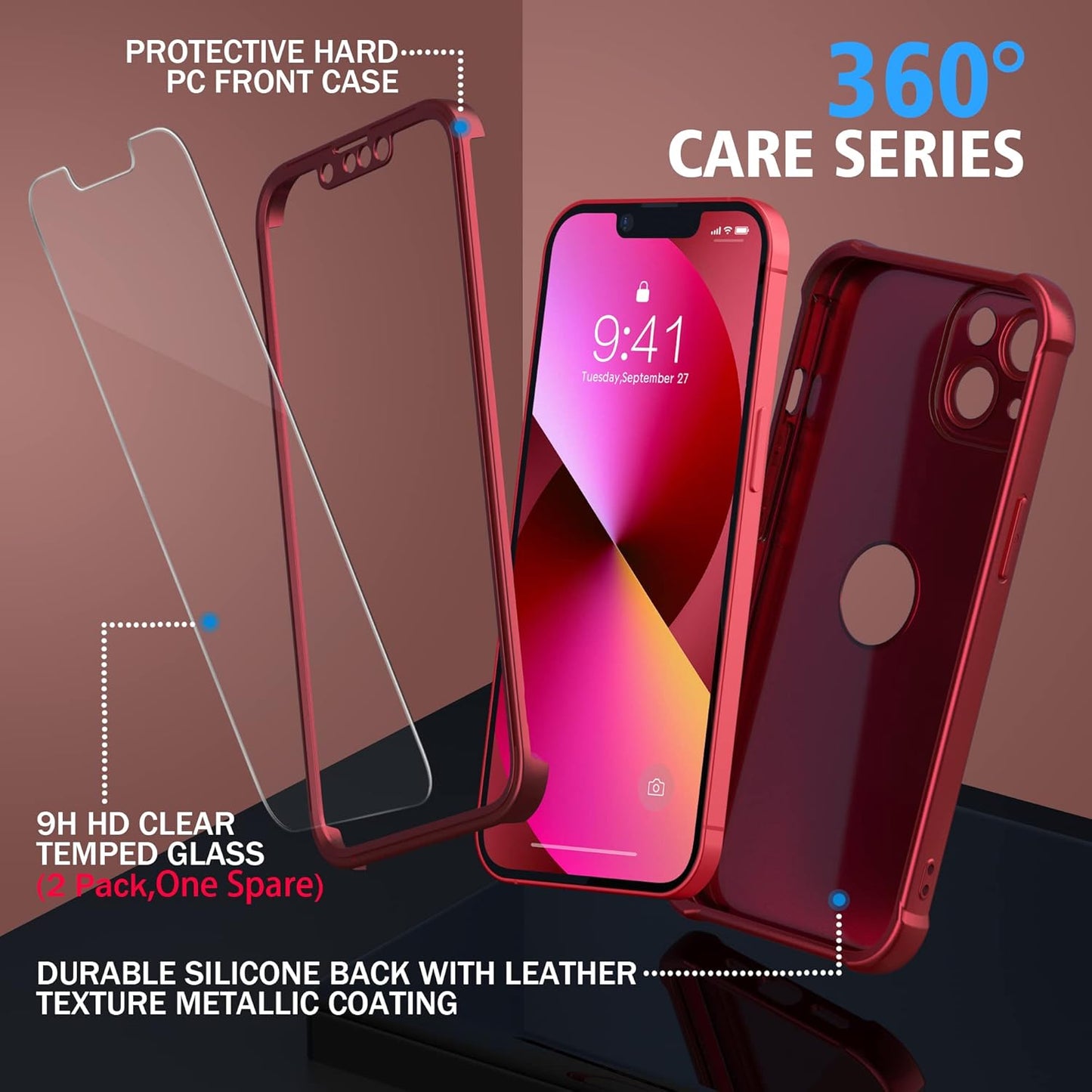 ORETECH Phone Case with Tempered Glass Screen Protector for iPhone 13 Red DEMO