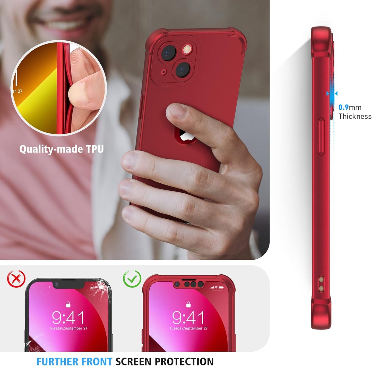 ORETECH Phone Case with Tempered Glass Screen Protector for iPhone 13 Red DEMO
