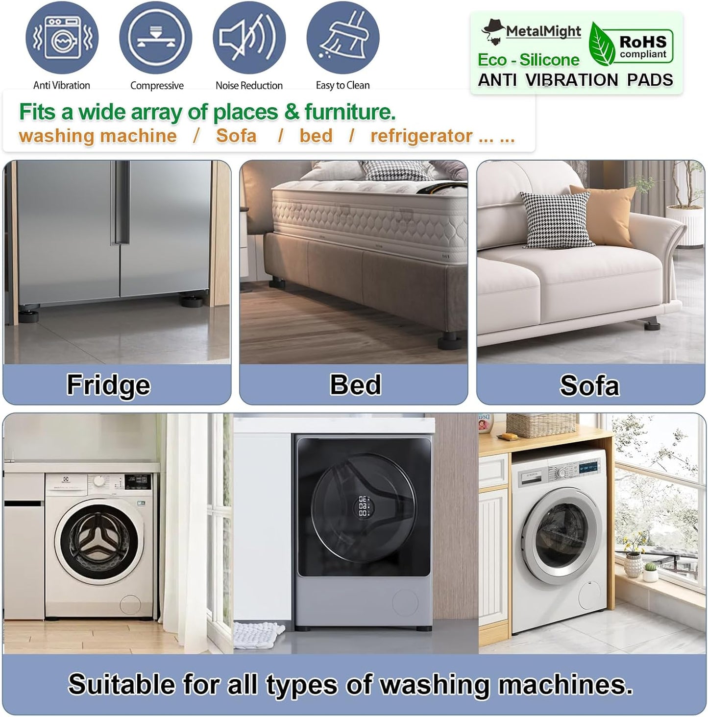 MetalMight Universal Anti-Vibration Pads for Washing Machine Eco-Friendly NEW