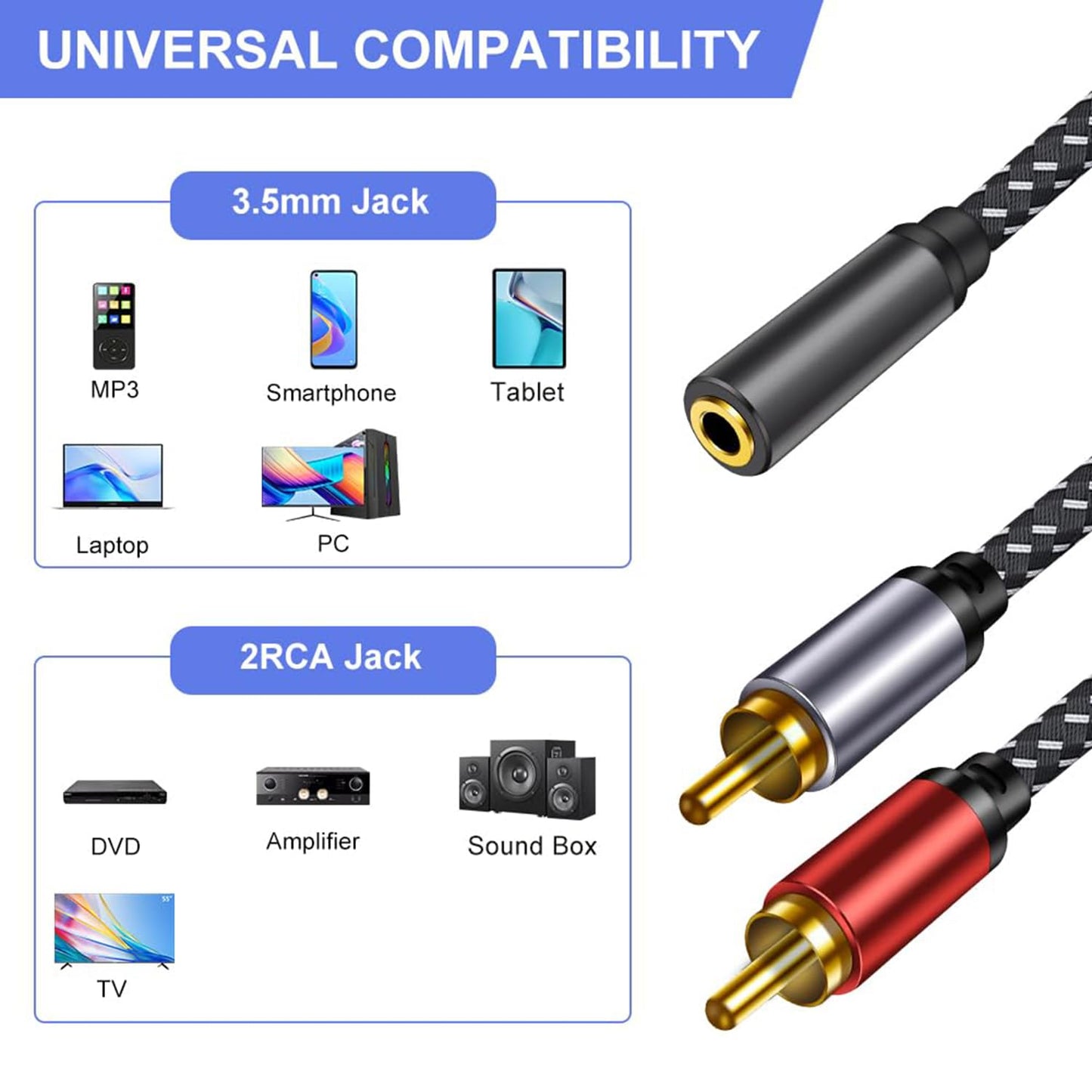 High-Quality 3.5mm Cables to 2 RCA Male Audio Cable, Braided Shielded, 1 NEW