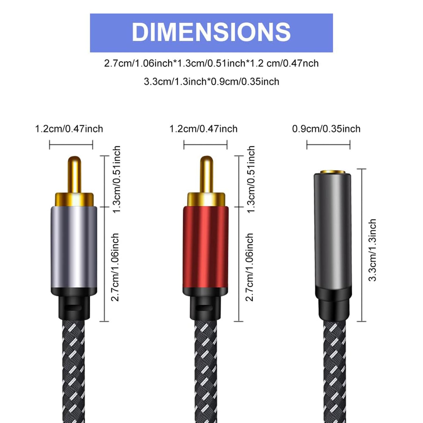 High-Quality 3.5mm Cables to 2 RCA Male Audio Cable, Braided Shielded, 1 NEW
