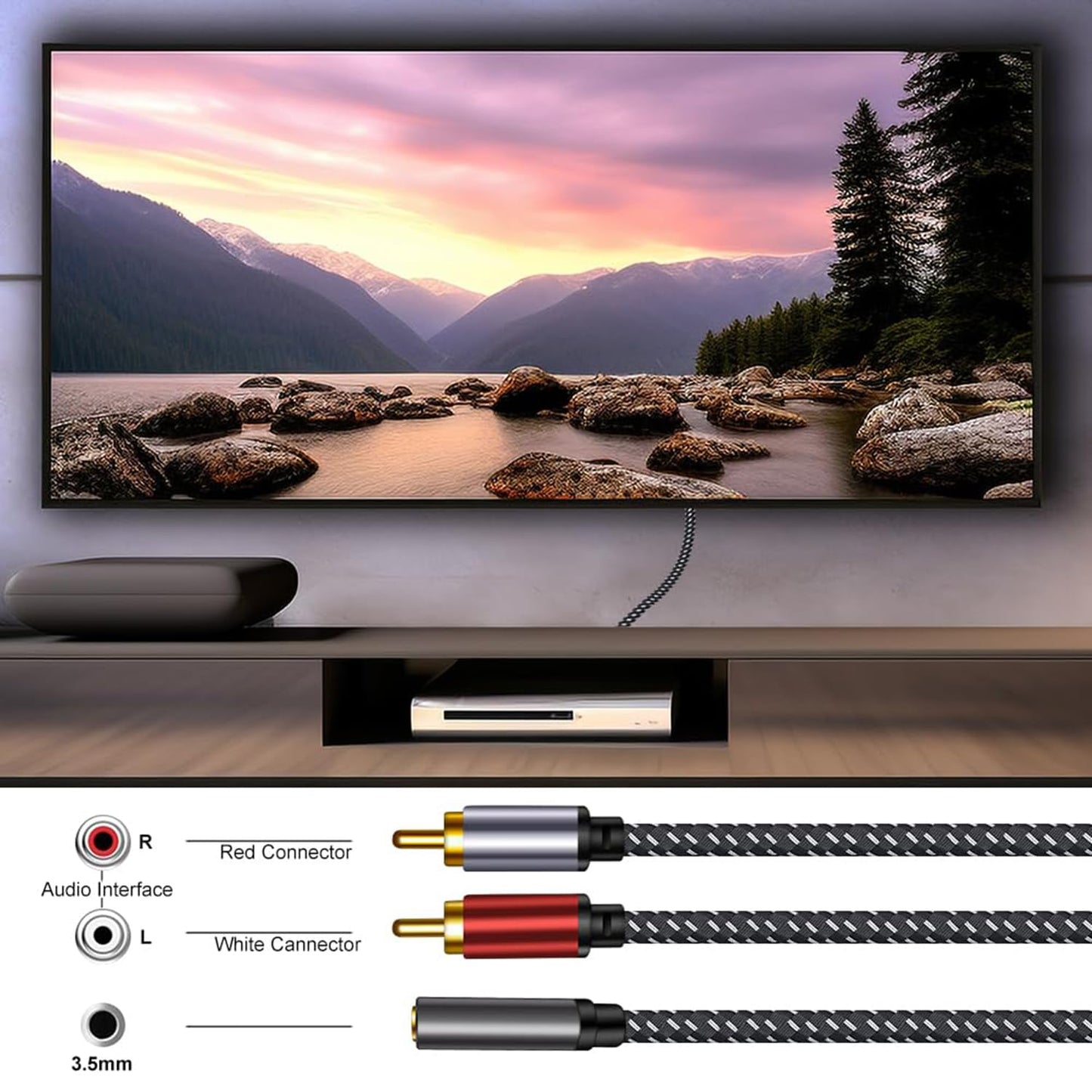 High-Quality 3.5mm Cables to 2 RCA Male Audio Cable, Braided Shielded, 1 NEW