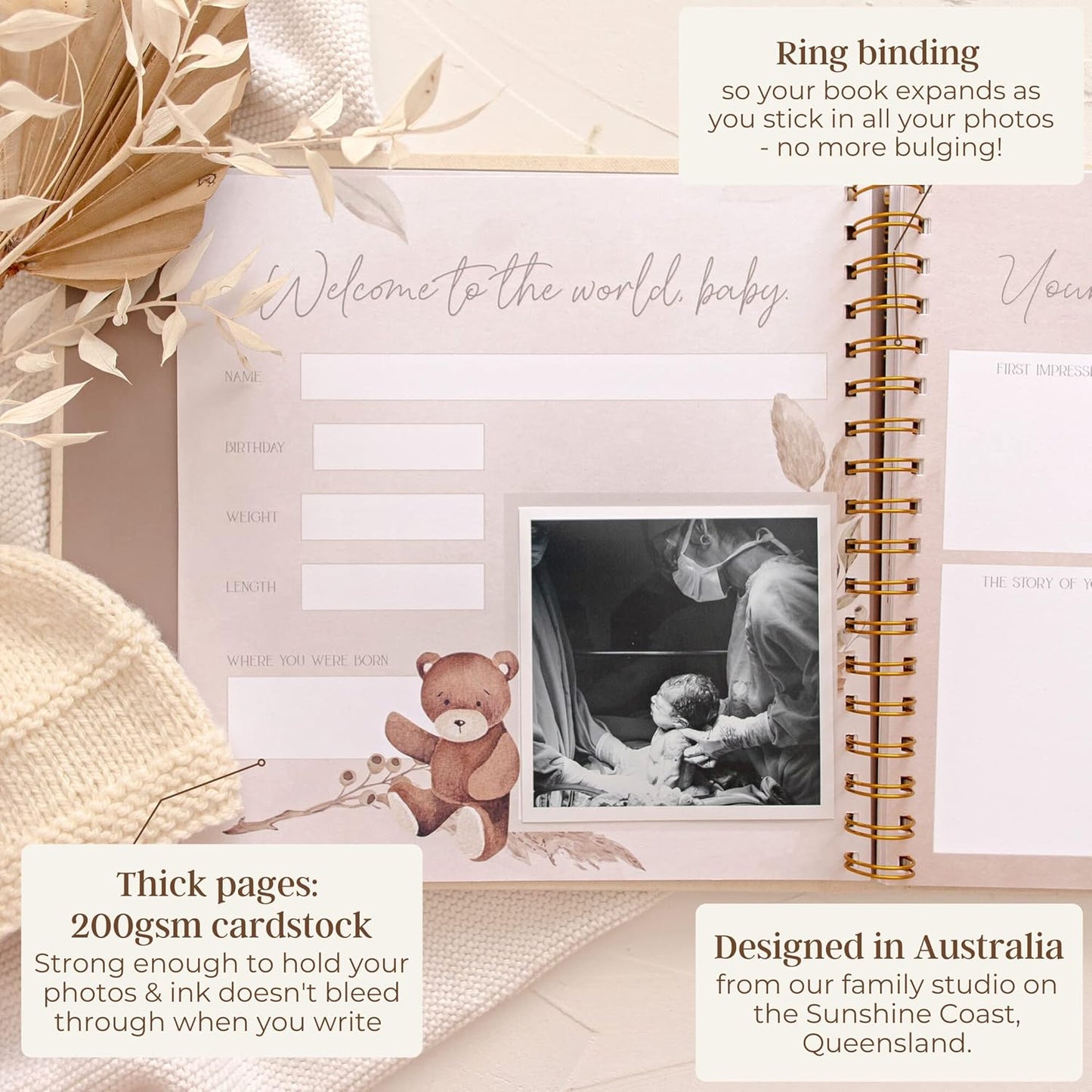 Peachly Minimalist First Year Baby Memory Book Keepsake Natural Linen Size NEW