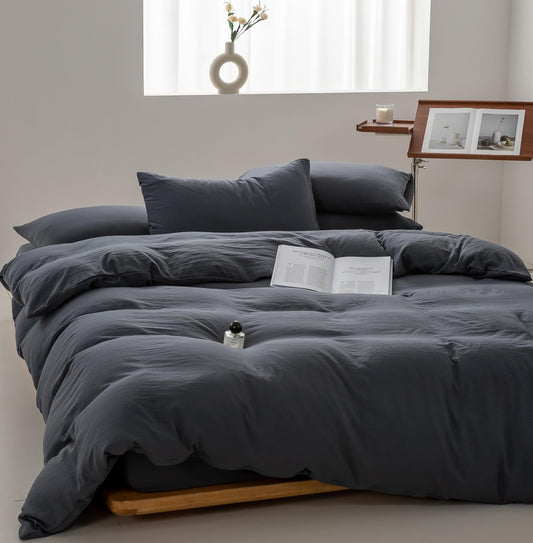 SEAYO Solid Dark Gray Washed Microfiber Duvet Cover Set, Queen Size NEW