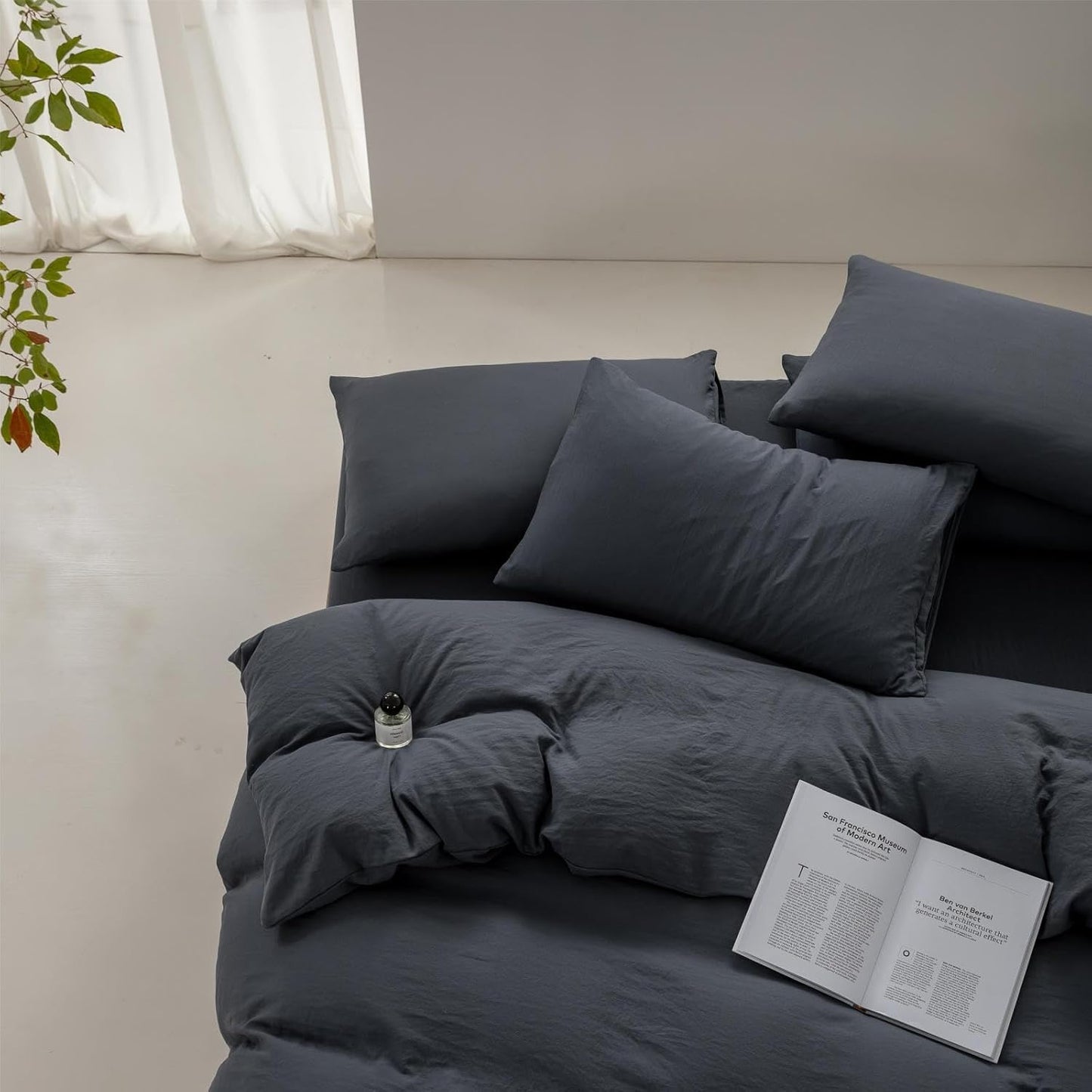 SEAYO Solid Dark Gray Washed Microfiber Duvet Cover Set, Queen Size NEW