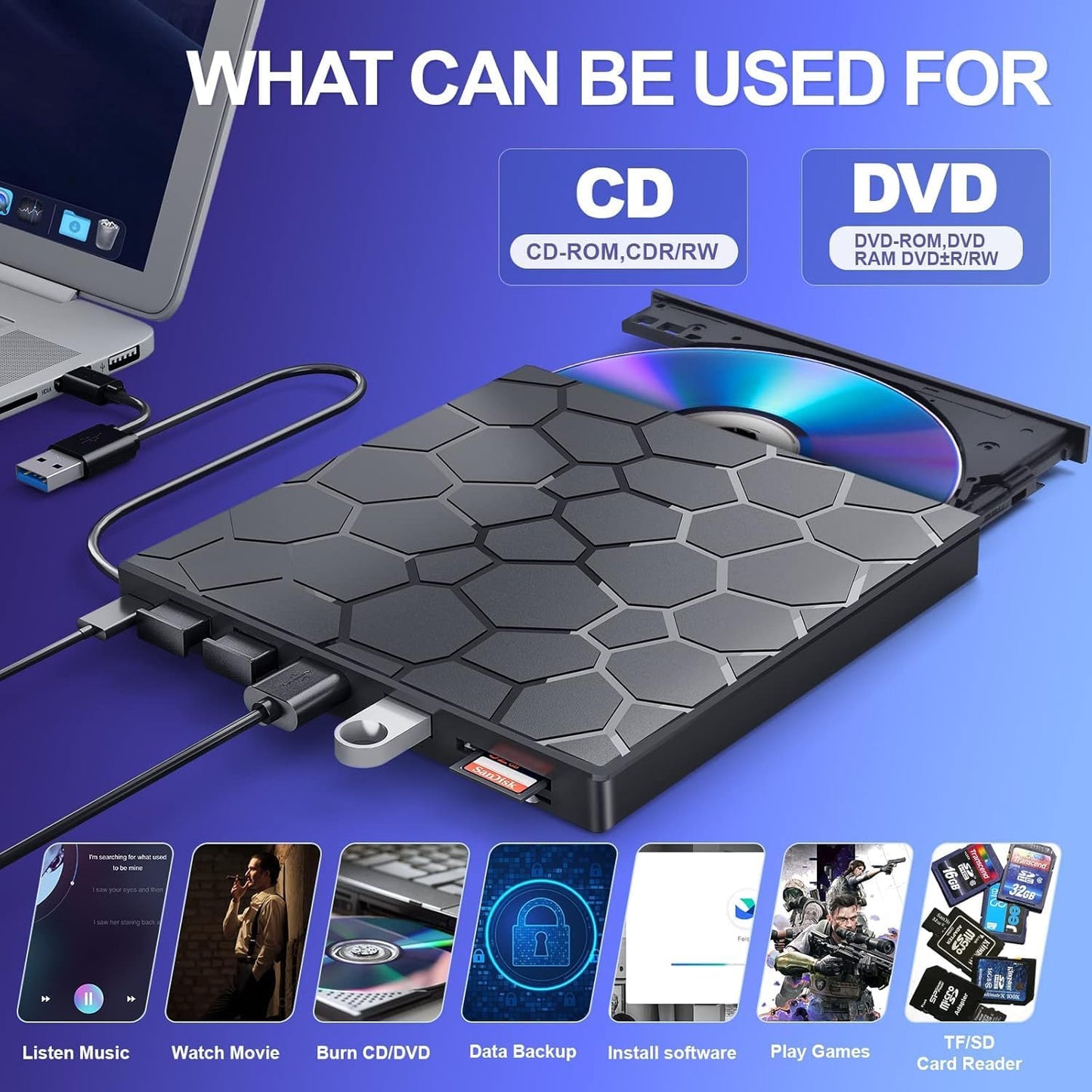 8-in-1 USB 3.0 External CD/DVD Drive Slim Portable Laptop PC Optical Disc NEW