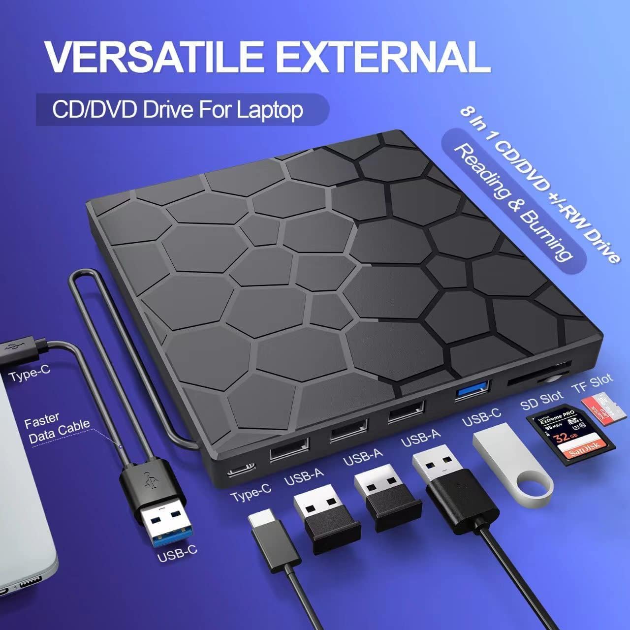 8-in-1 USB 3.0 External CD/DVD Drive Slim Portable Laptop PC Optical Disc NEW
