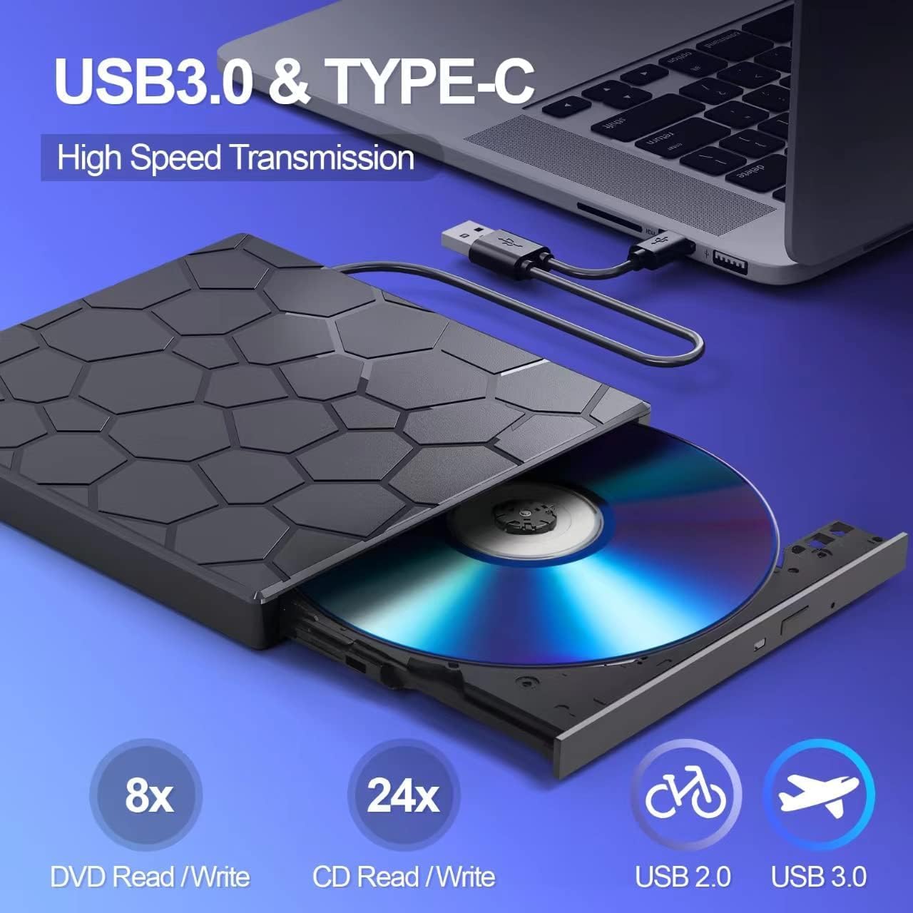 8-in-1 USB 3.0 External CD/DVD Drive Slim Portable Laptop PC Optical Disc NEW