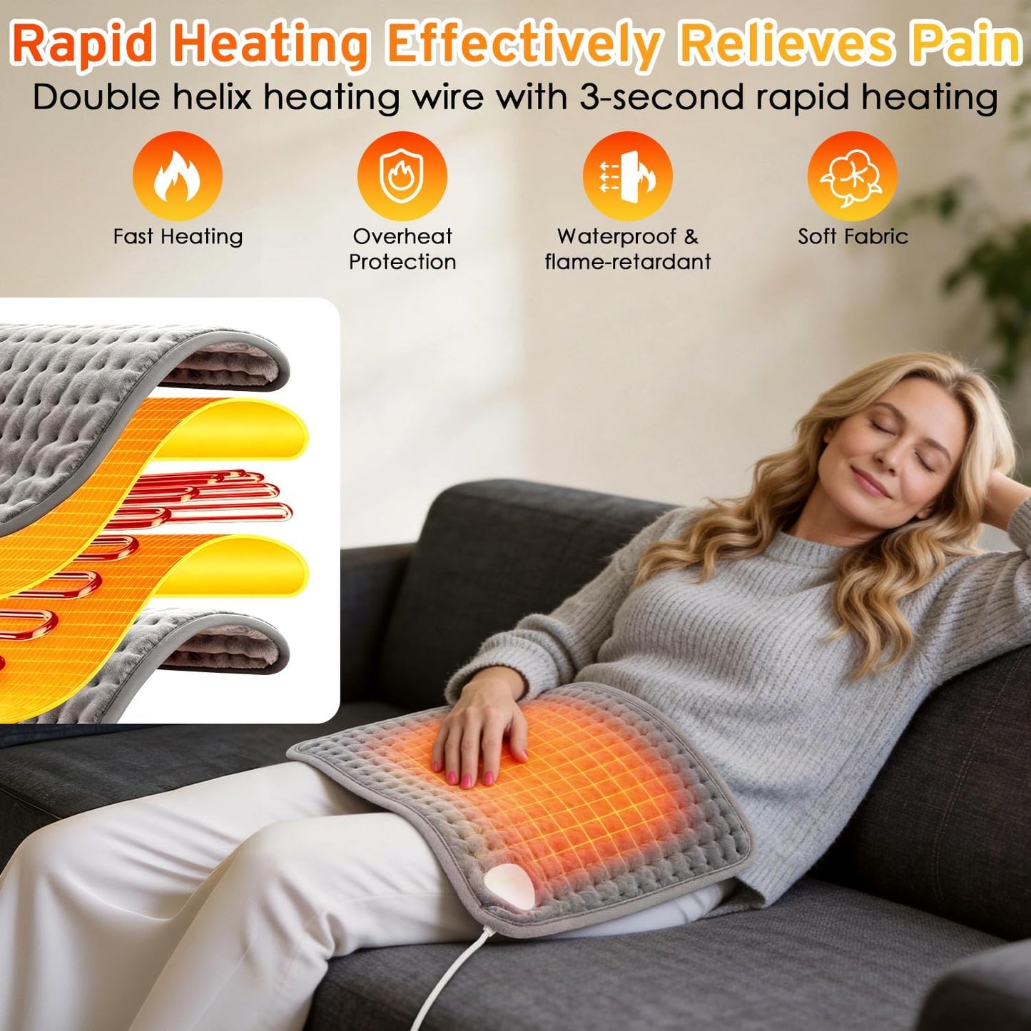 Soft Grey Electric Heating Pad for Soothing Back Pain and Muscle Stiffness NEW
