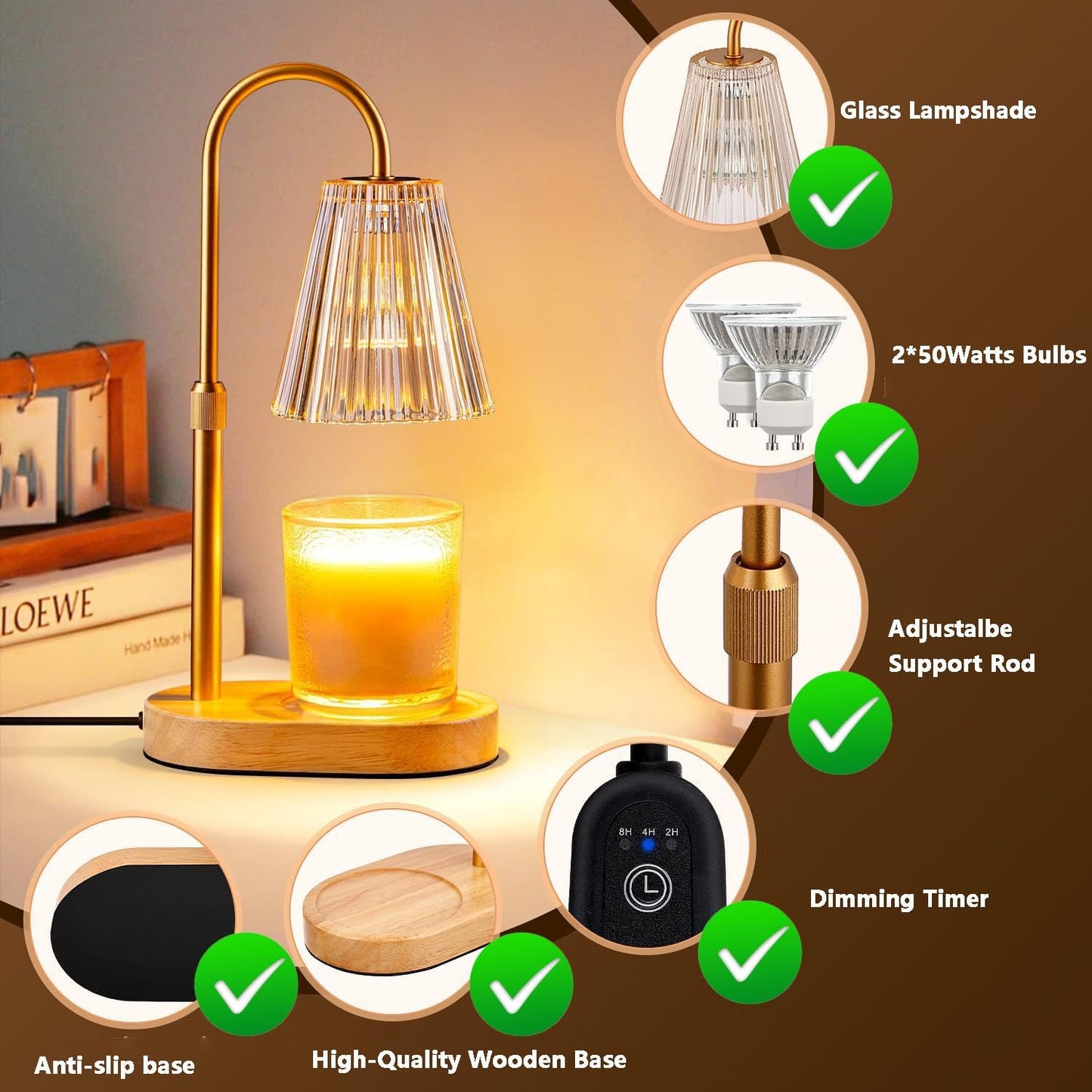 Adjustable Gold Wax Melt Warmer with Timer and Dimmer for Candle Lighting DEMO
