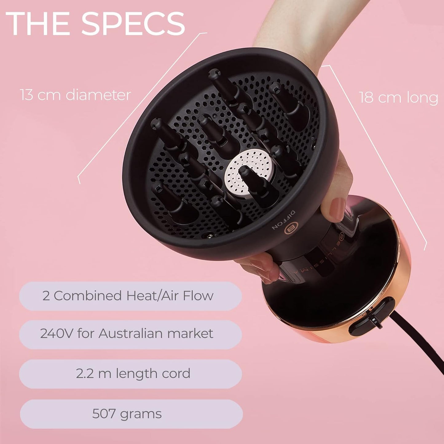 Bellissima Ceramic Dual Color Hair Diffuser in Black & Rose Gold - Premium NEW
