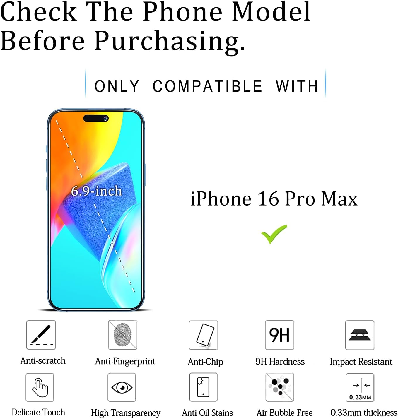 KATIN iPhone 16 Pro Max Anti-Spy Tempered Glass Screen Protector Black Size NEW