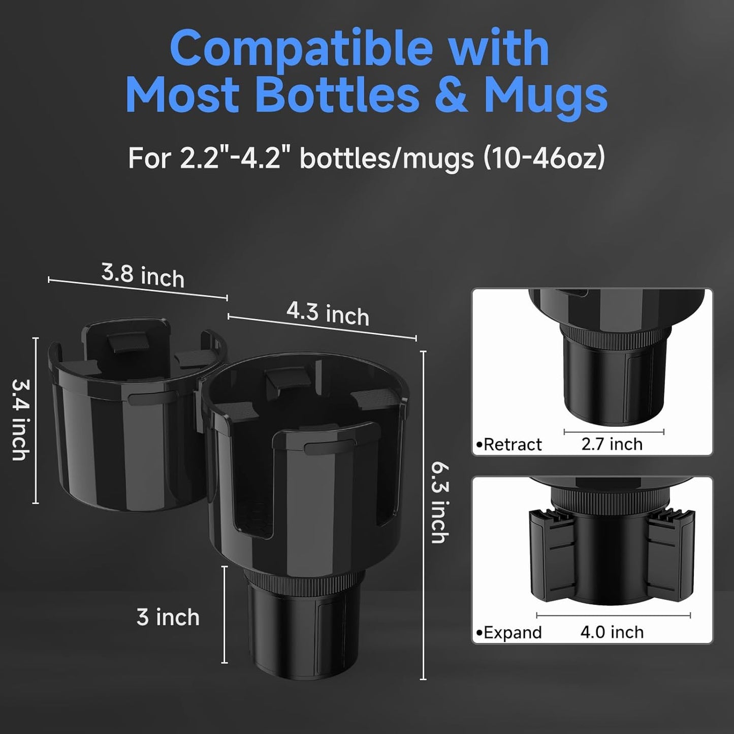 Versatile 2-in-1 Car Cup Holder Expander Adapter for Drinks Holders in Black -