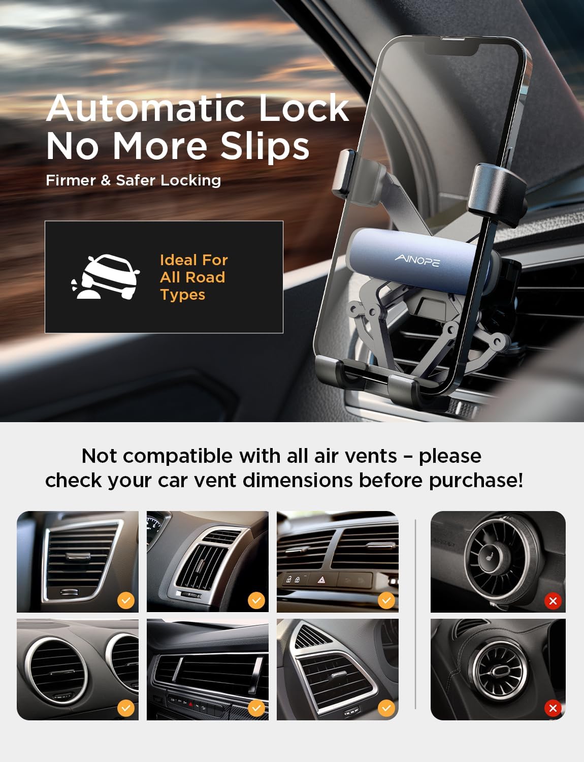 AINOPE Adjustable Gravity Car Phone Holder Mount for Air Vent, Black DEMO