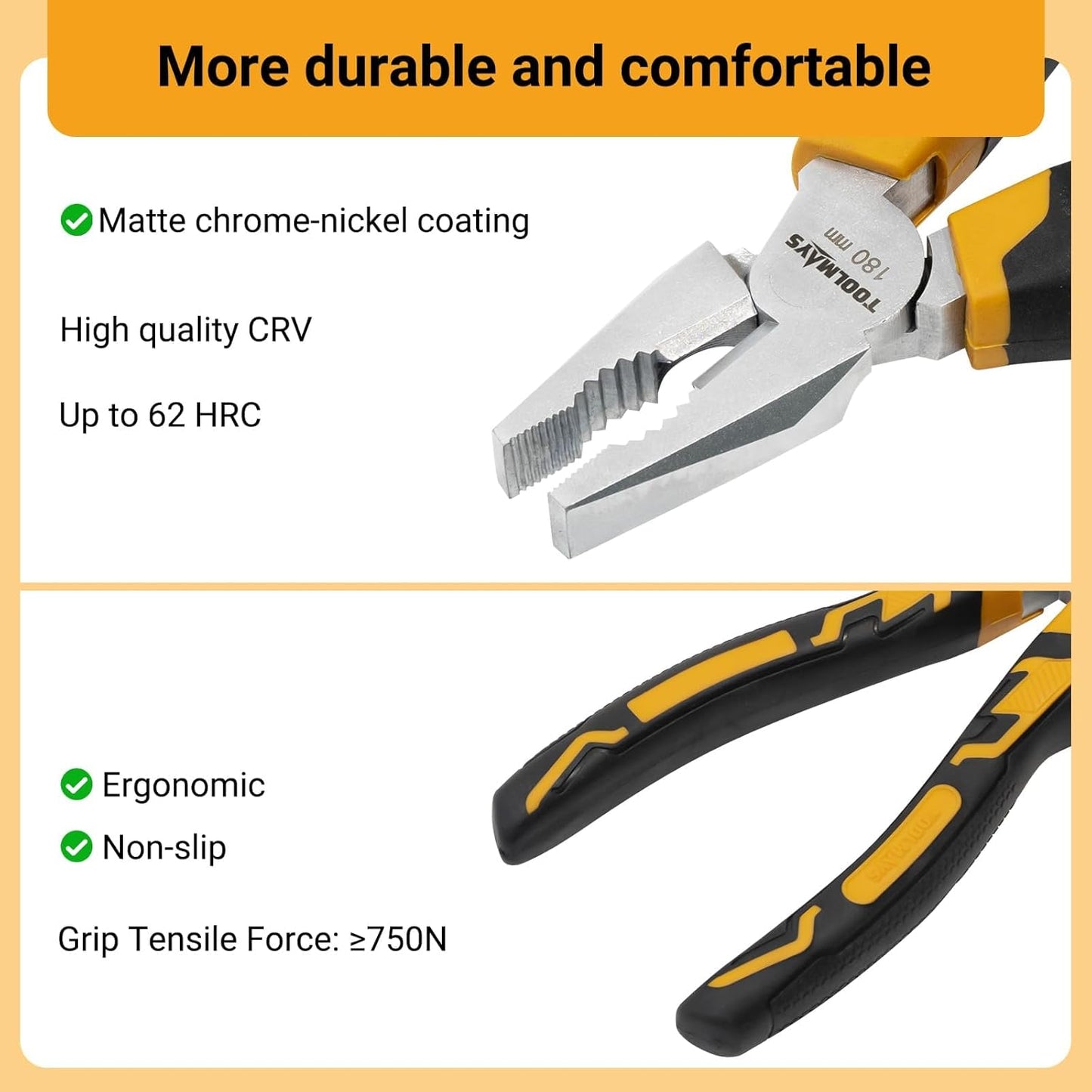 TOOLMAYS 3-Piece Pliers Set Chromium-Vanadium Steel Long Nose Combination NEW