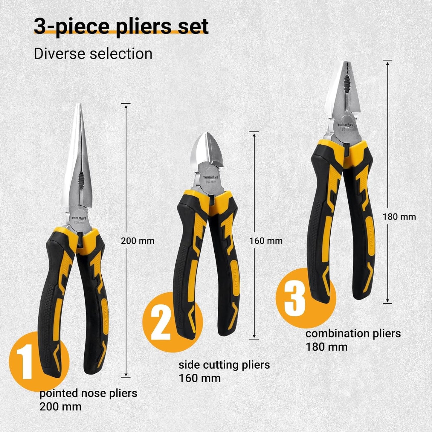 TOOLMAYS 3-Piece Pliers Set Chromium-Vanadium Steel Long Nose Combination NEW