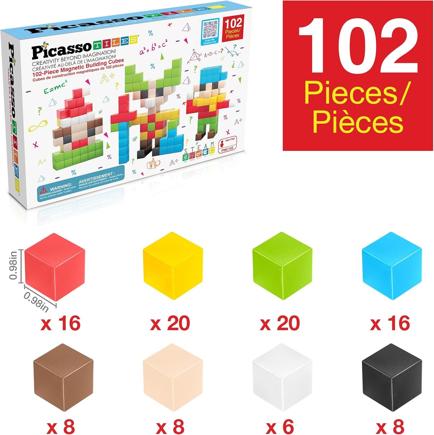 PicassoTiles 102 Piece Magnetic Building Block Cubes 3D Construction Set NEW
