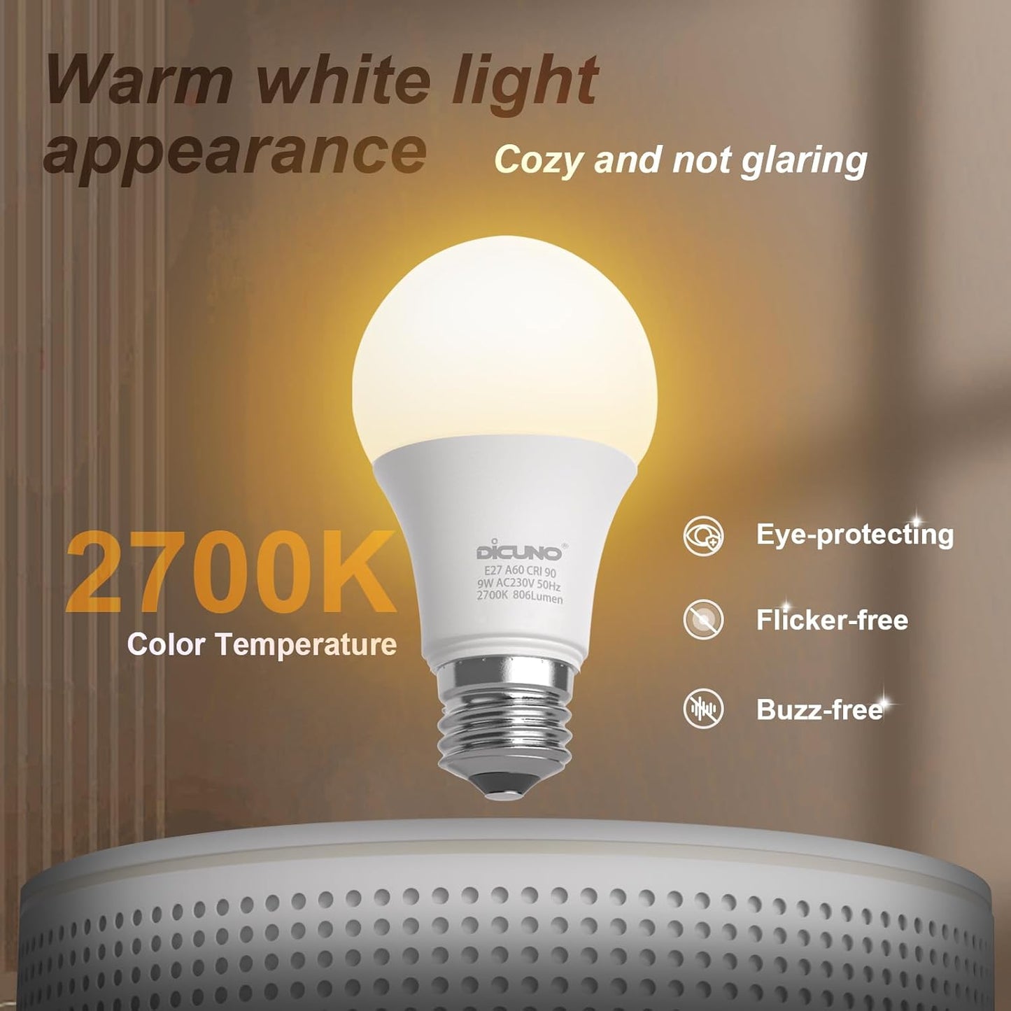 DiCUNO 9W LED Bulbs LED Bulb, Warm White 60W Equivalent, High CRI Lighting DEMO