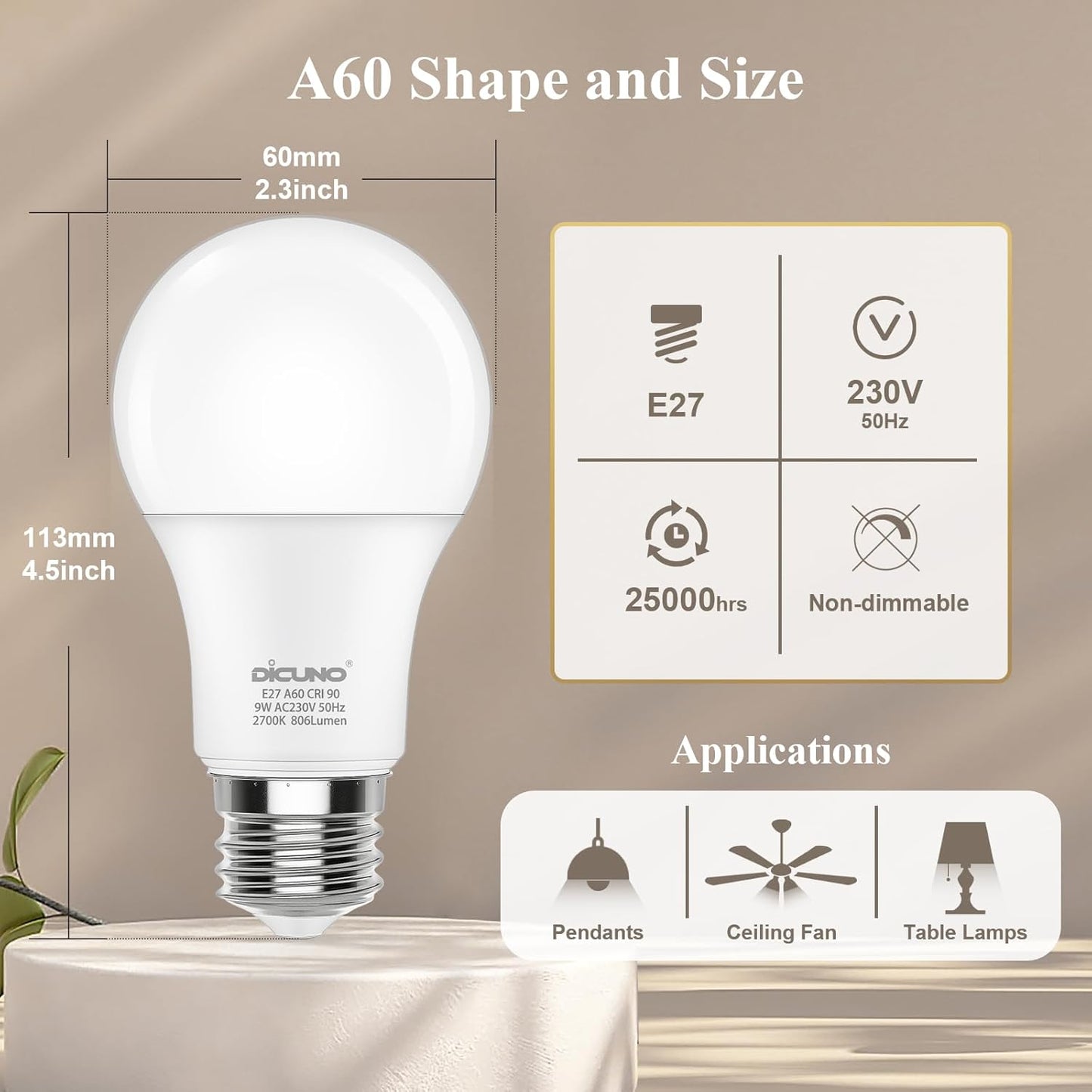 DiCUNO 9W LED Bulbs LED Bulb, Warm White 60W Equivalent, High CRI Lighting DEMO