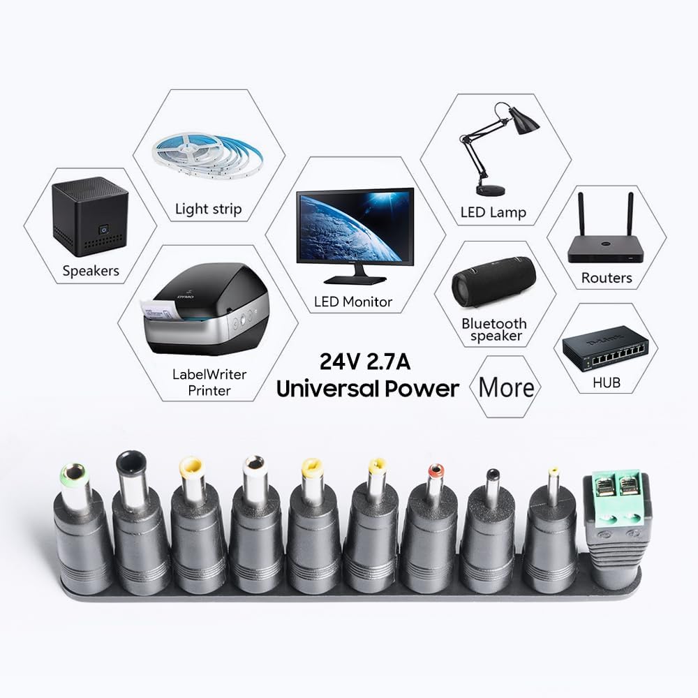 65W Universal AC to DC Adapter Charger with 10 Extra Tips - Black for NEW