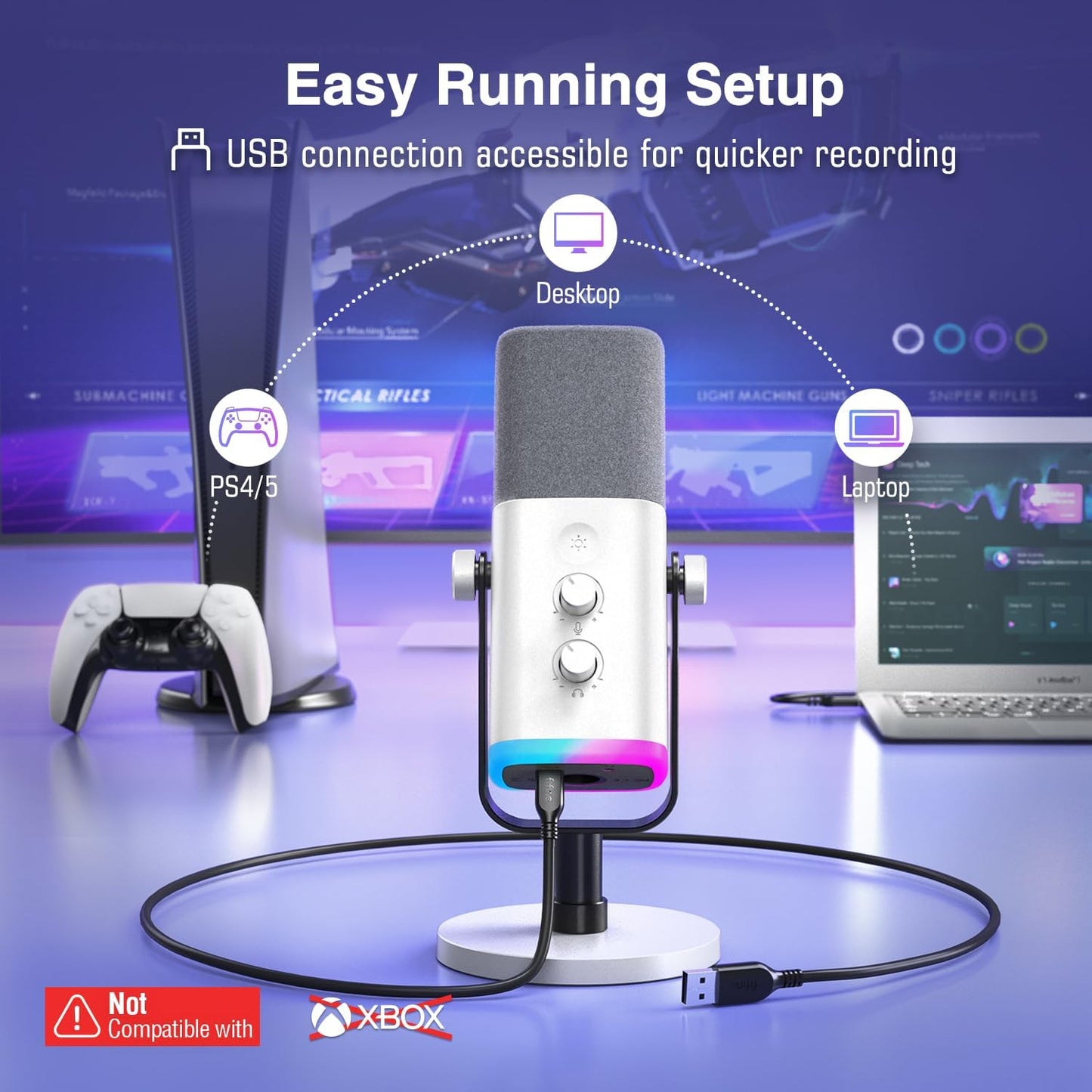 FIFINE XLR/USB Dynamic Streaming Microphone for PC Podcasting RGB White DEMO