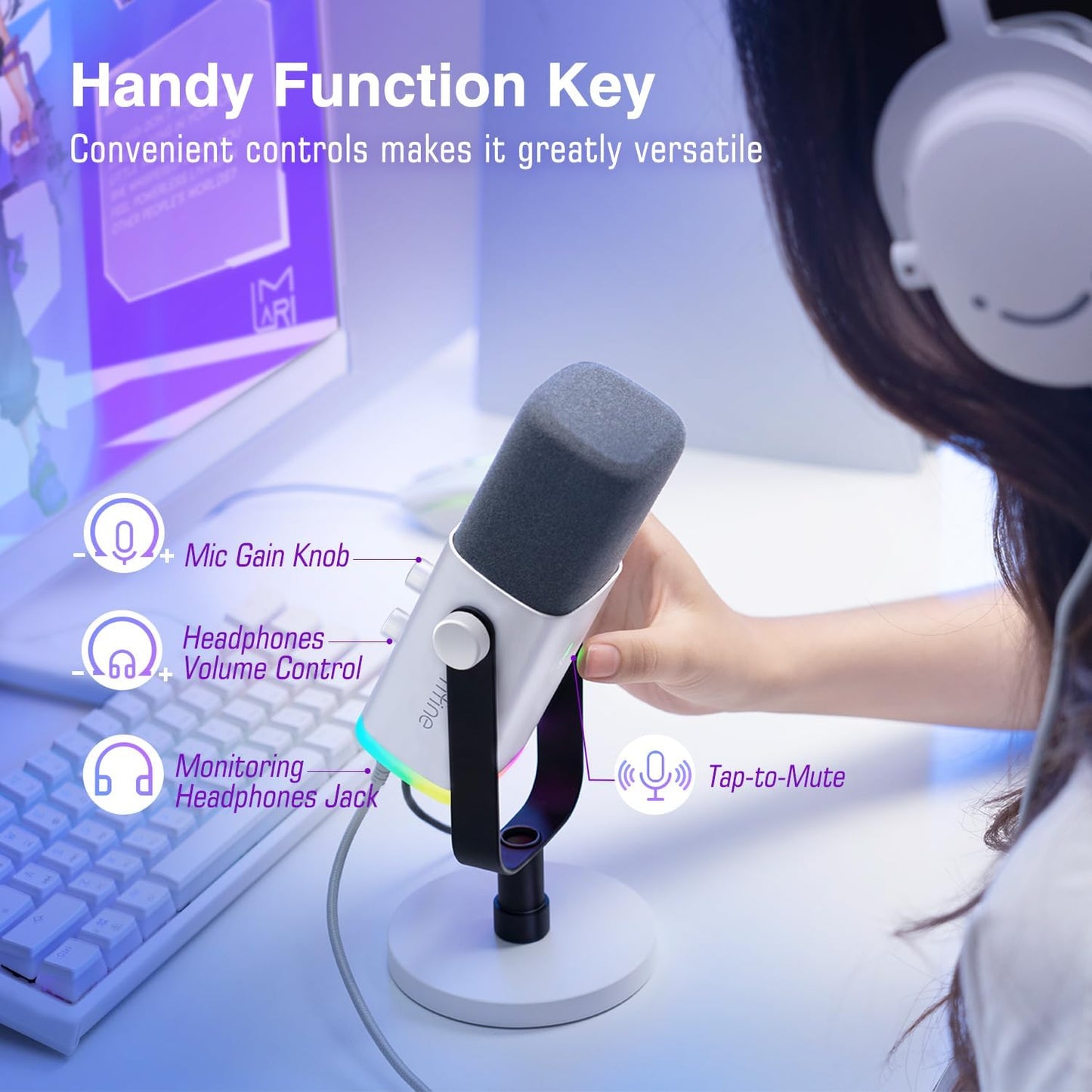 FIFINE XLR/USB Dynamic Streaming Microphone for PC Podcasting RGB White DEMO