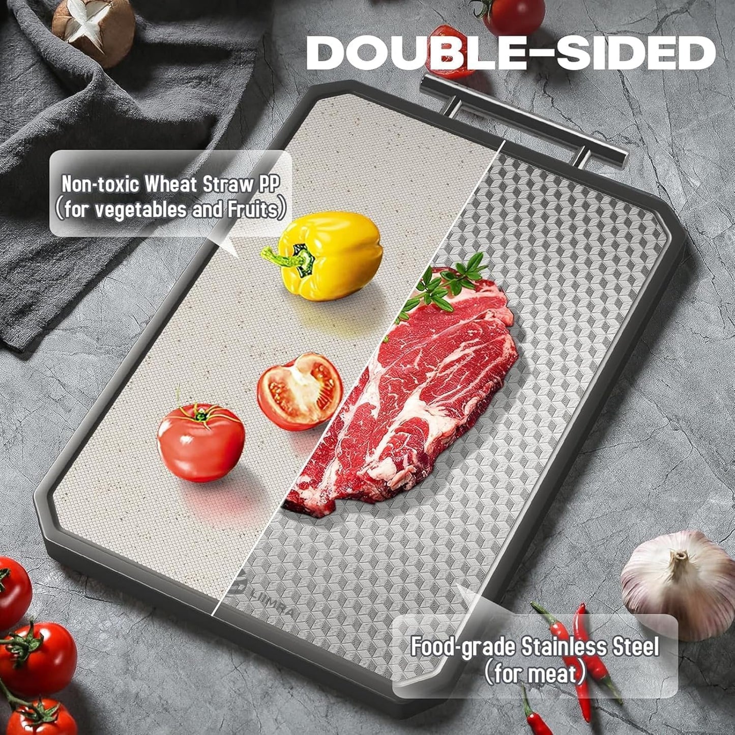 Stainless Steel & Wheat Straw Cutting Board Silver Light Brown 15.7"L x NEW