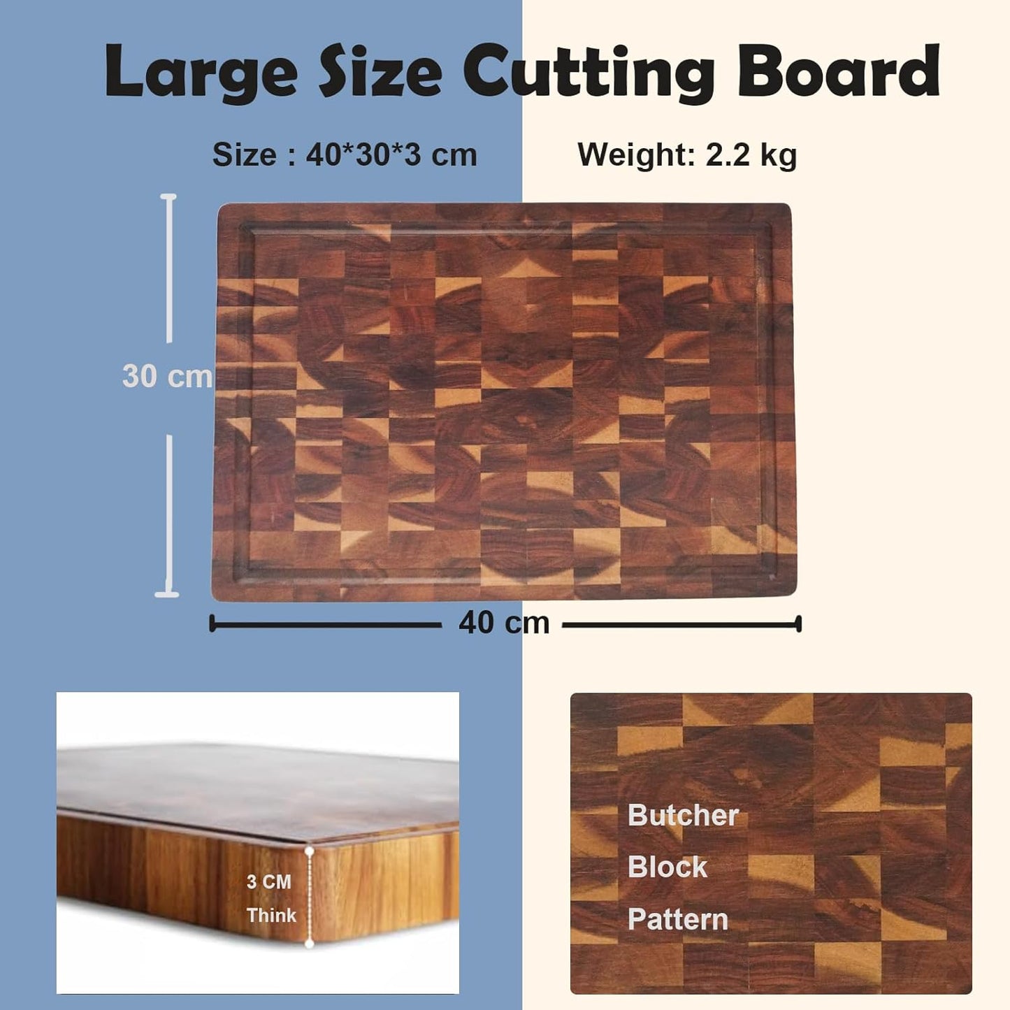 Wooden Cutting Board with Juice Groove and Handle for Meal Prep, 40x30x3cm NEW