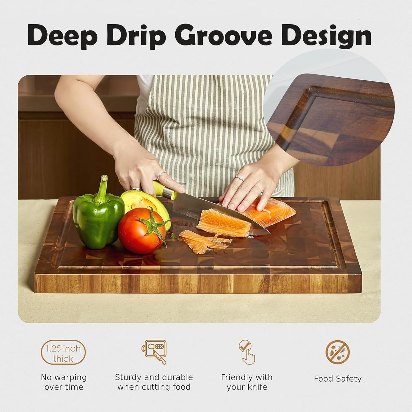 Wooden Cutting Board with Juice Groove and Handle for Meal Prep, 40x30x3cm NEW