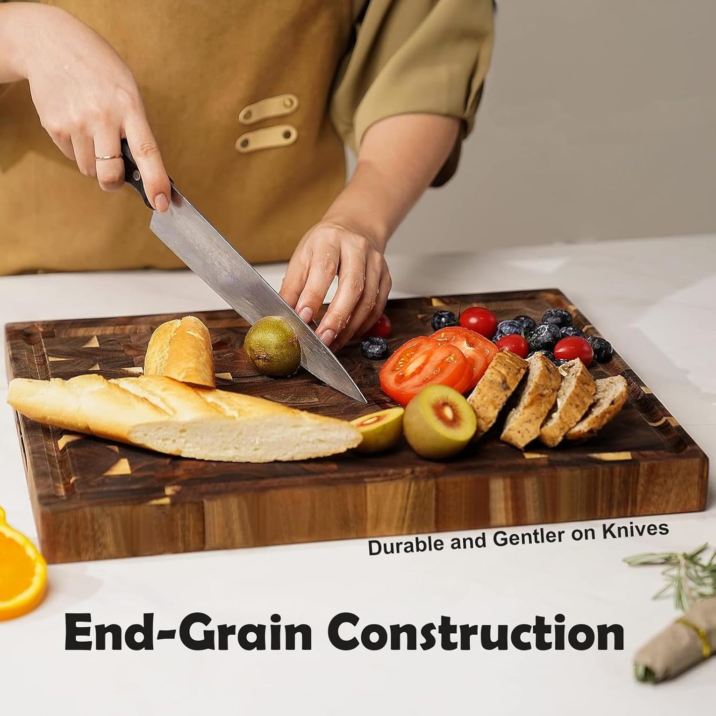 Wooden Cutting Board with Juice Groove and Handle for Meal Prep, 40x30x3cm NEW