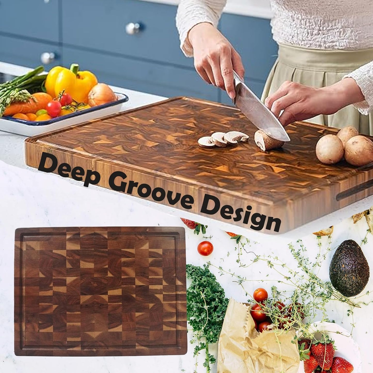 Wooden Cutting Board with Juice Groove and Handle for Meal Prep, 40x30x3cm NEW