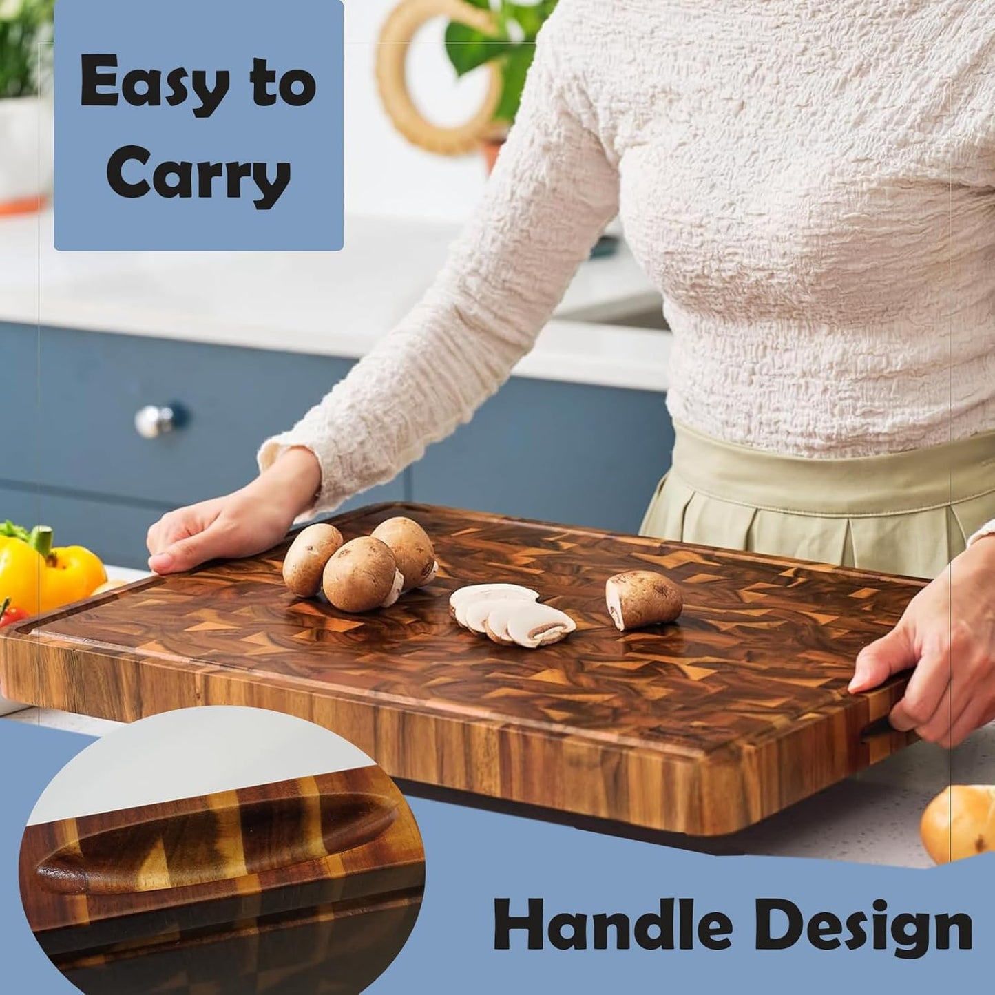 Wooden Cutting Board with Juice Groove and Handle for Meal Prep, 40x30x3cm NEW