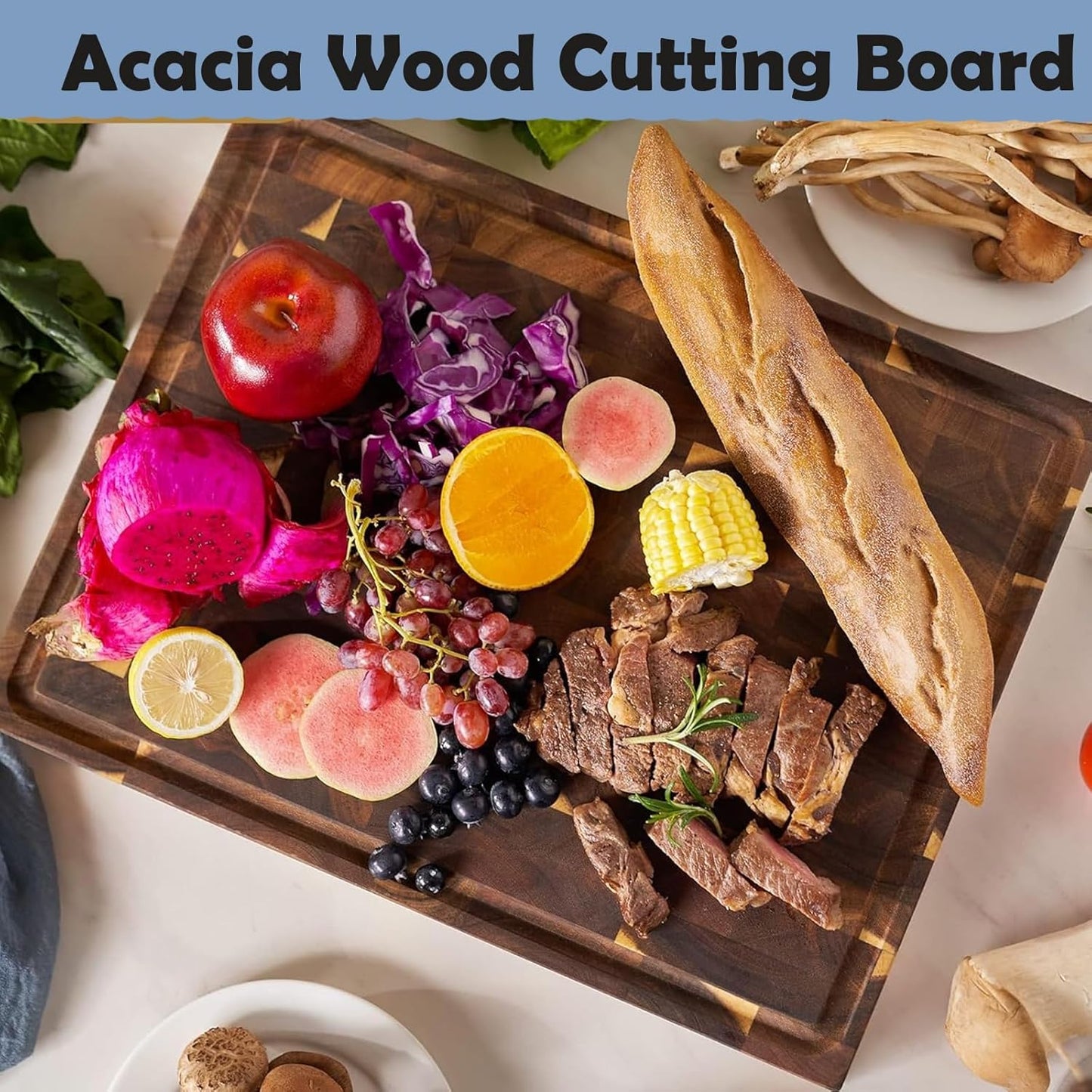 Wooden Cutting Board with Juice Groove and Handle for Meal Prep, 40x30x3cm NEW