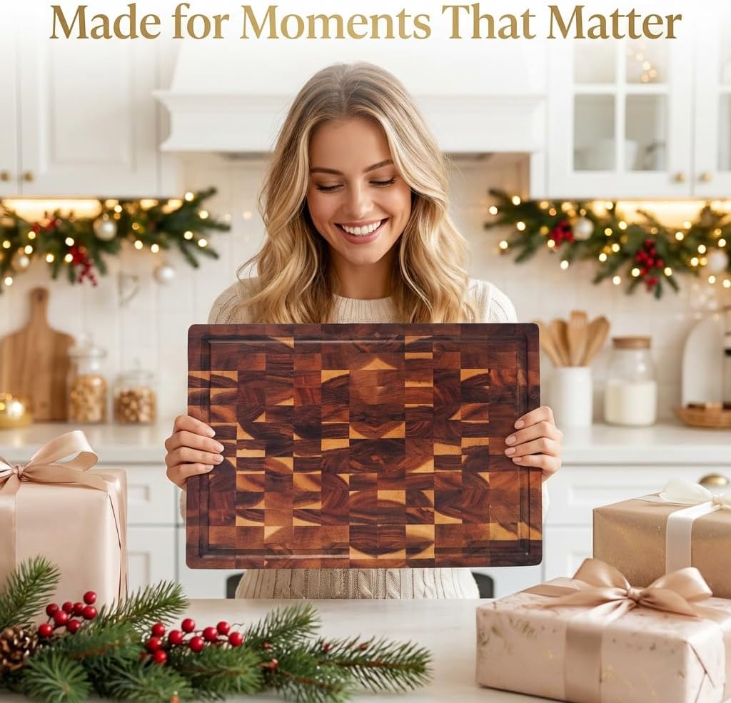 Wooden Cutting Board with Juice Groove and Handle for Meal Prep, 40x30x3cm NEW