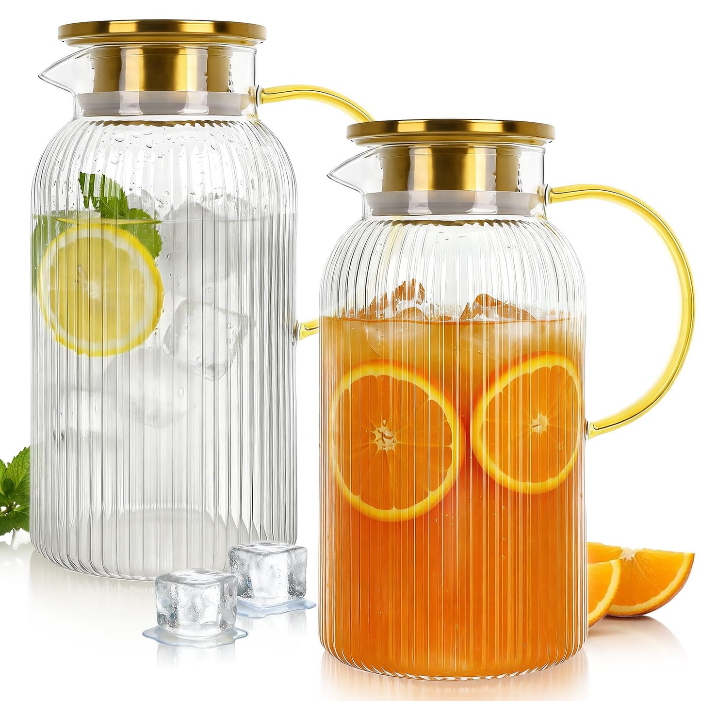 Clear & Gold Glass Water Filter Jugs with Lid and Spout Handle Size 2L NEW