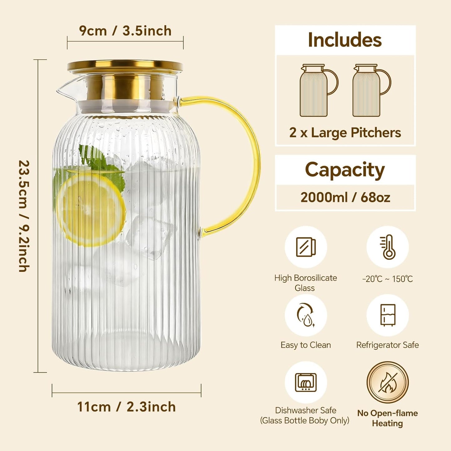 Clear & Gold Glass Water Filter Jugs with Lid and Spout Handle Size 2L NEW