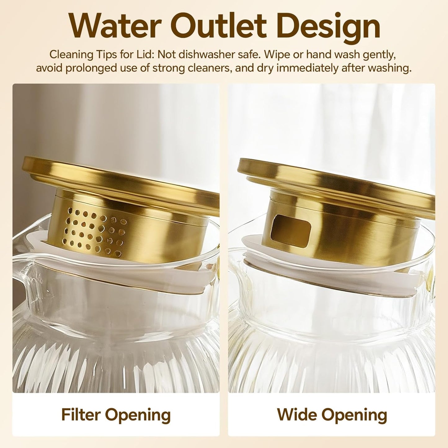 Clear & Gold Glass Water Filter Jugs with Lid and Spout Handle Size 2L NEW