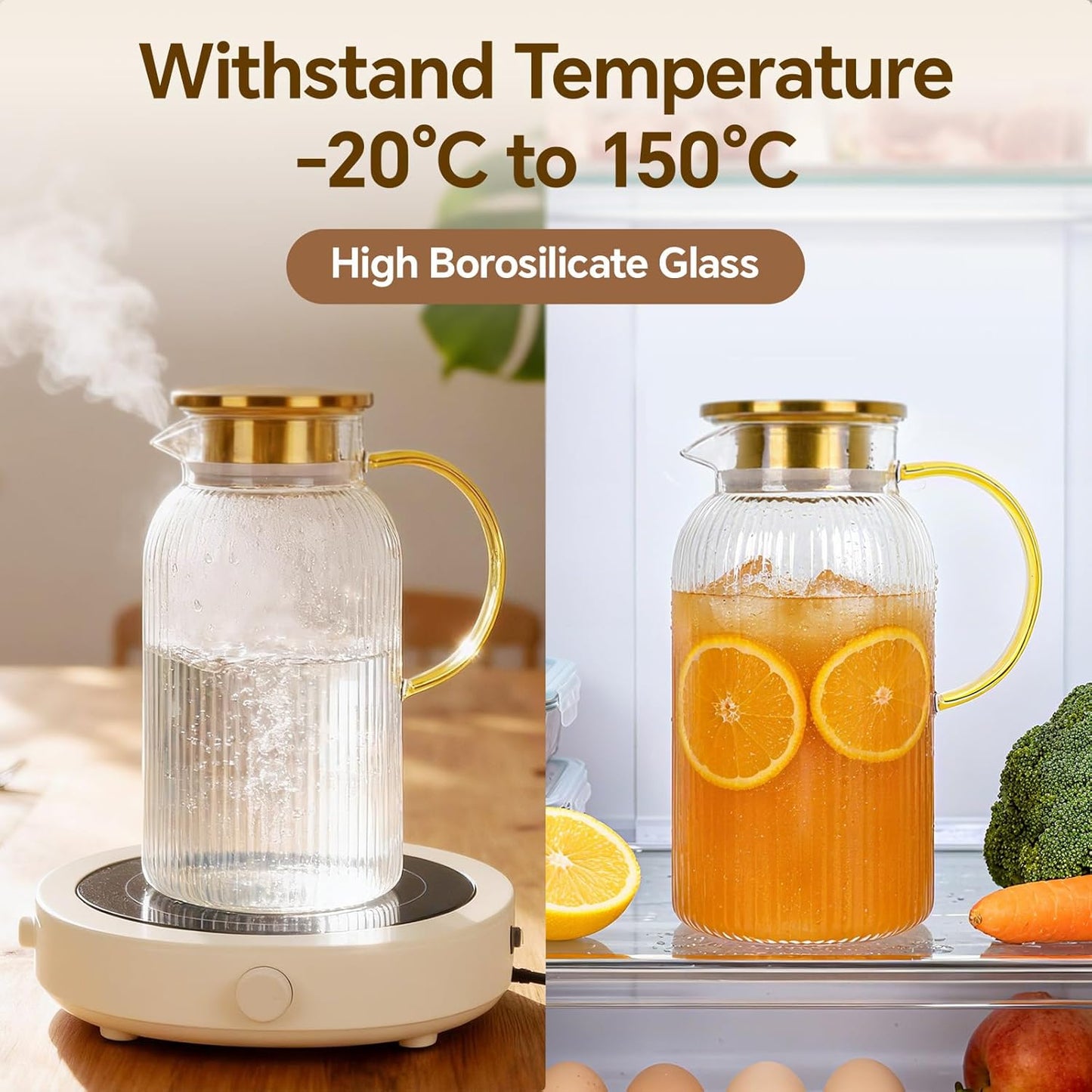 Clear & Gold Glass Water Filter Jugs with Lid and Spout Handle Size 2L NEW