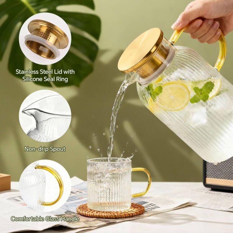 Clear & Gold Glass Water Filter Jugs with Lid and Spout Handle Size 2L NEW