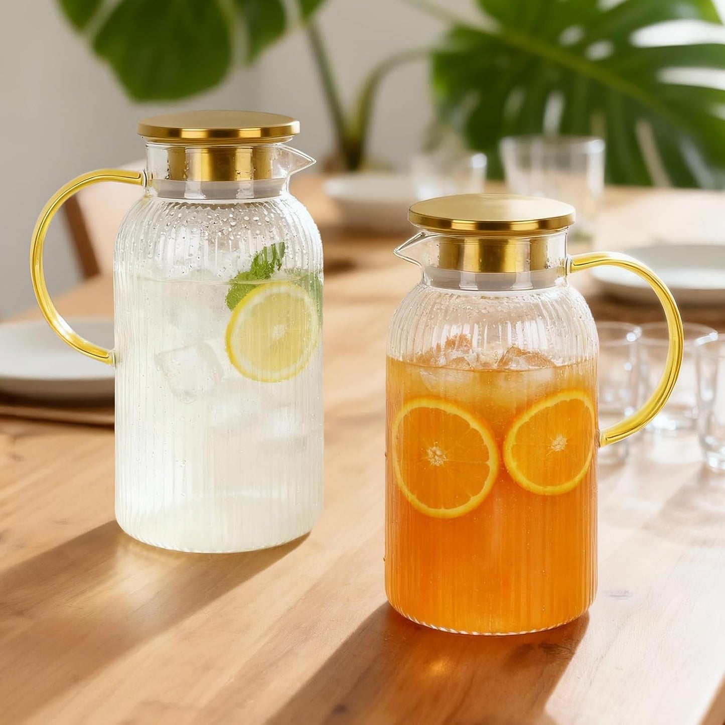 Clear & Gold Glass Water Filter Jugs with Lid and Spout Handle Size 2L NEW