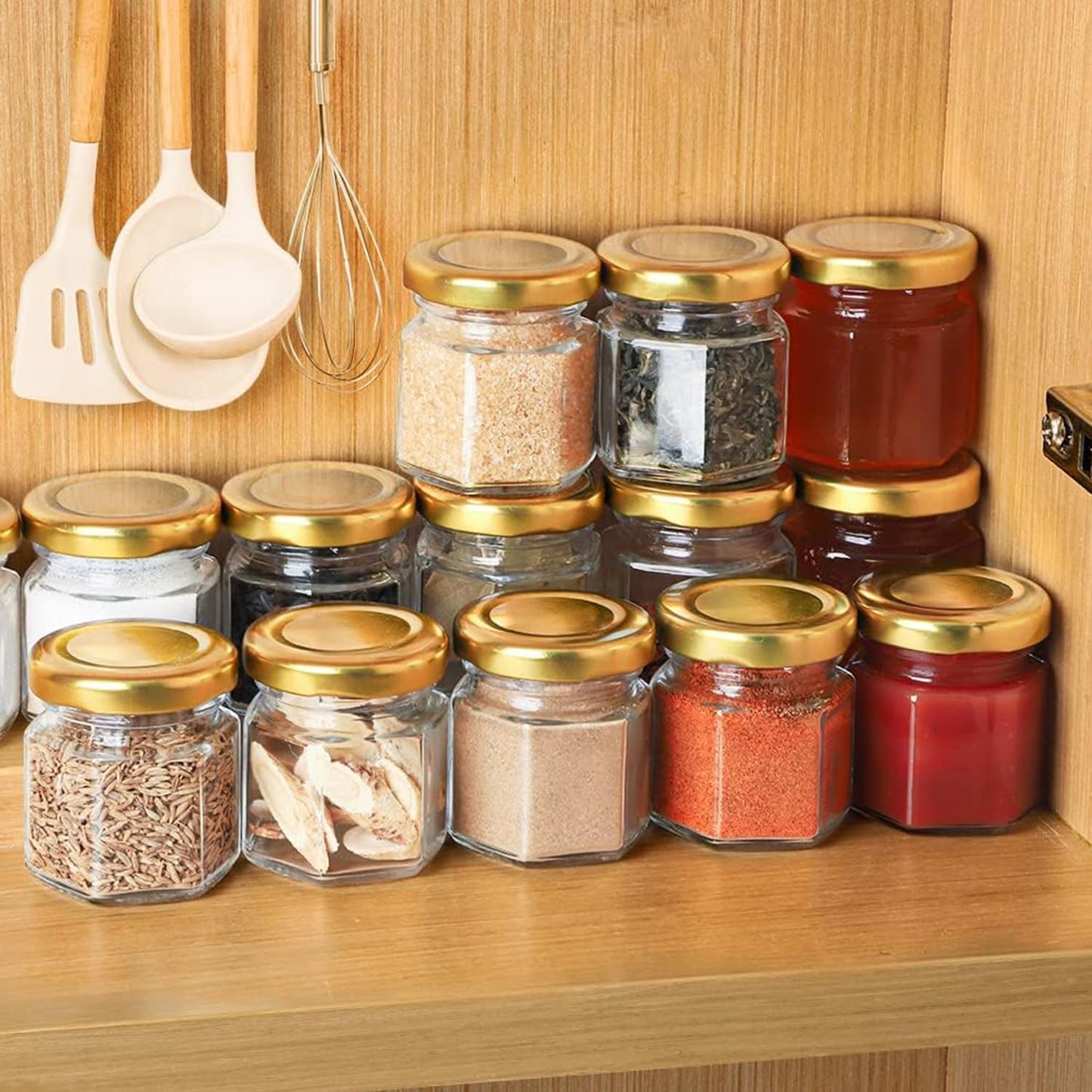 42-Piece Mini Glass Honey Jars with Gold Lids Clear Storage Containers DEMO