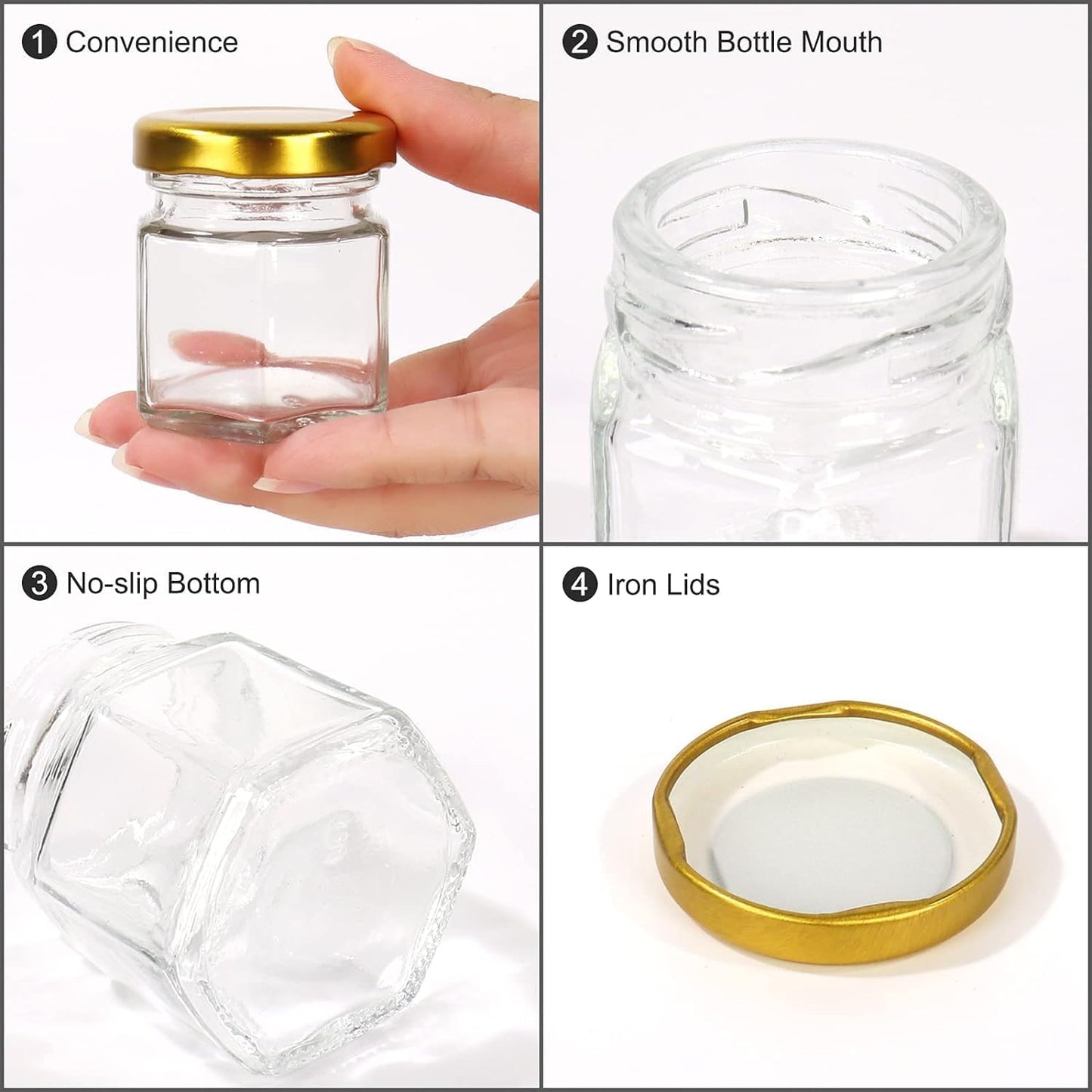 42-Piece Mini Glass Honey Jars with Gold Lids Clear Storage Containers DEMO