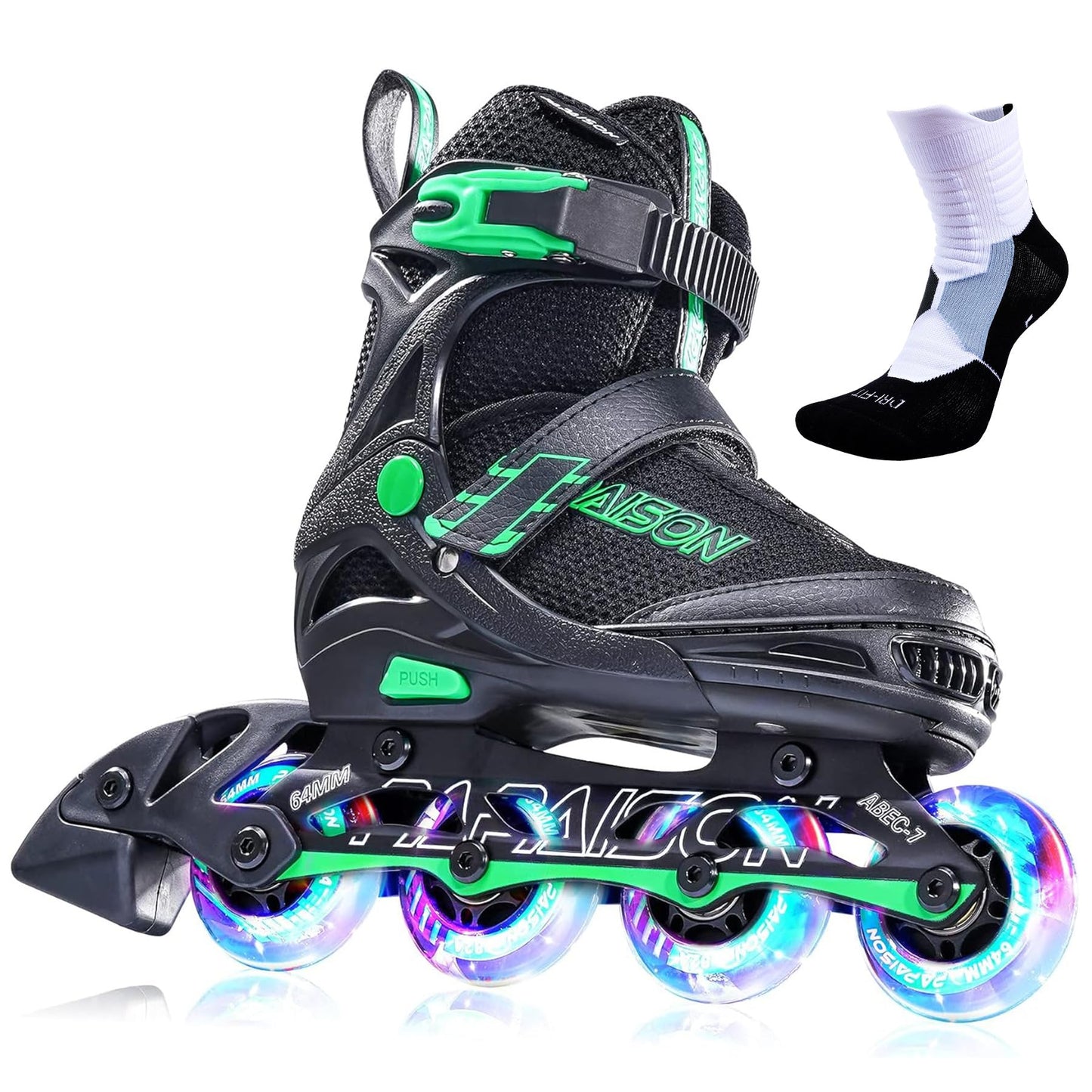 PAPAISON Children's Inline Skates with Light Up Wheels Black & Green Size NEW