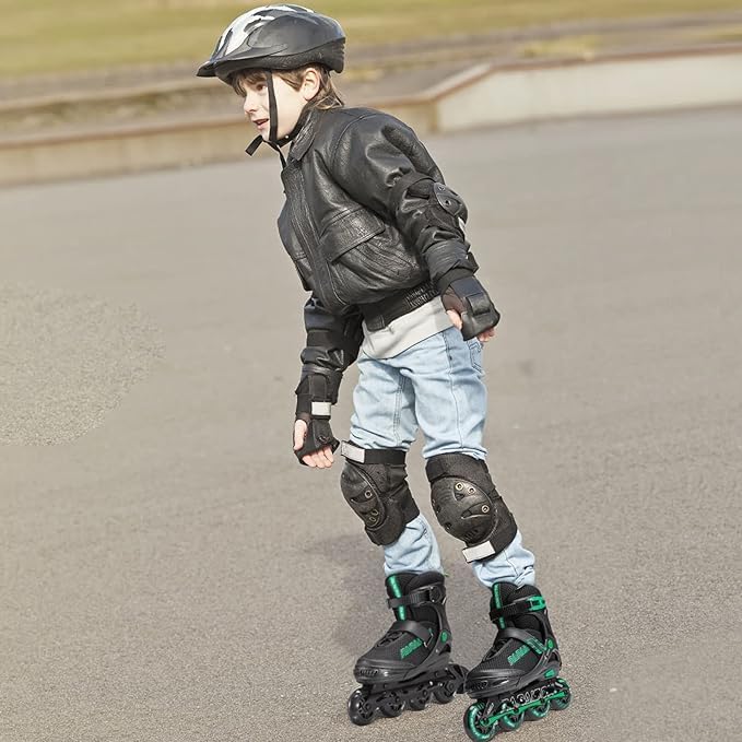 PAPAISON Children's Inline Skates with Light Up Wheels Black & Green Size NEW