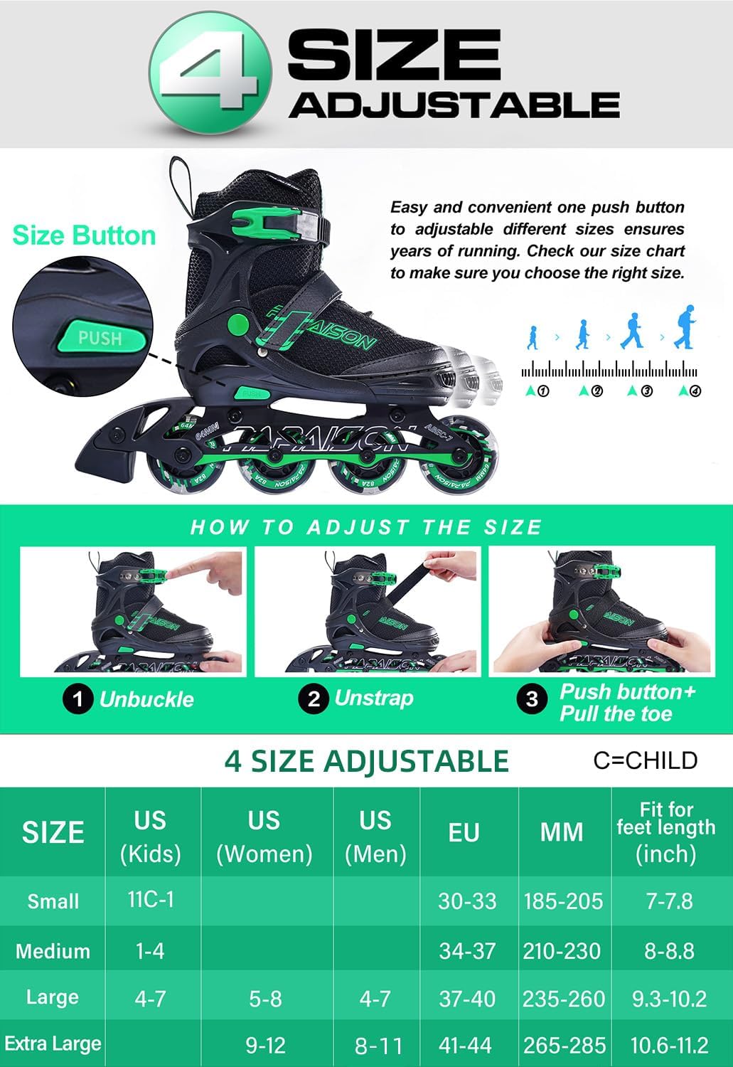 PAPAISON Children's Inline Skates with Light Up Wheels Black & Green Size NEW