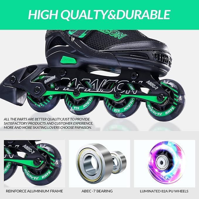PAPAISON Children's Inline Skates with Light Up Wheels Black & Green Size NEW