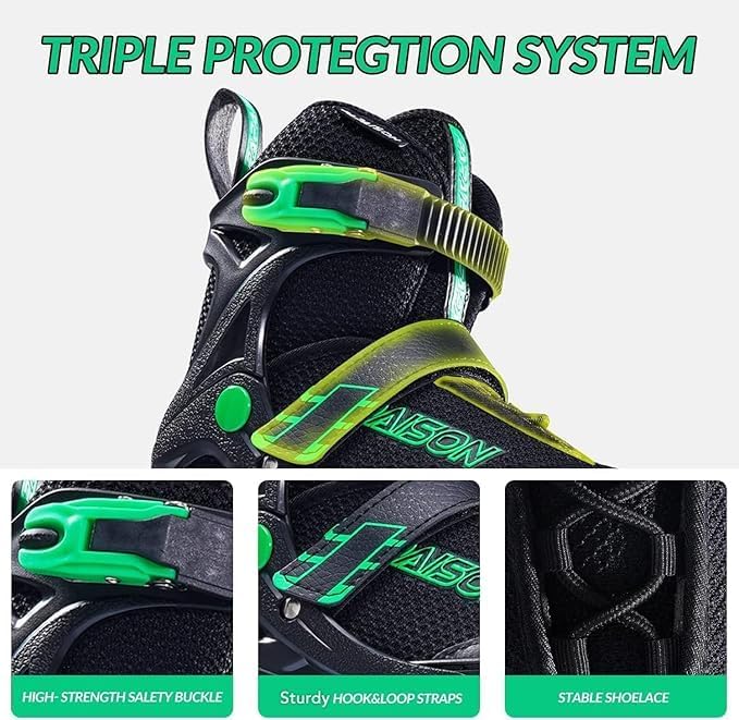 PAPAISON Children's Inline Skates with Light Up Wheels Black & Green Size NEW