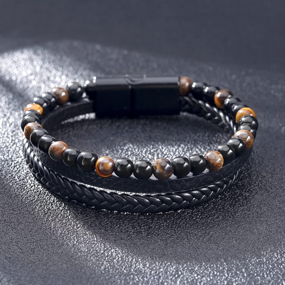 Handcrafted Genuine Bracelets Leather Bracelet with Brown Tiger Eye Stone NEW